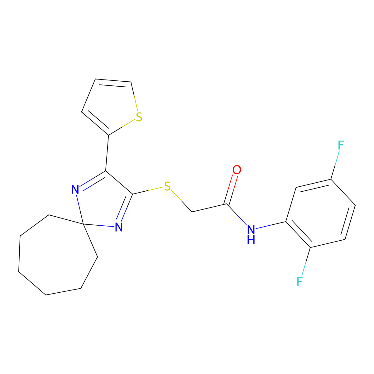 N-(2,5-difluorophenyl)-2-((3-(thiophen-2-yl)-1,4-diazaspiro[4.6]undeca-1,3-dien-2-yl)thio)acetamide molecular structure, CAS 1223773-72-5