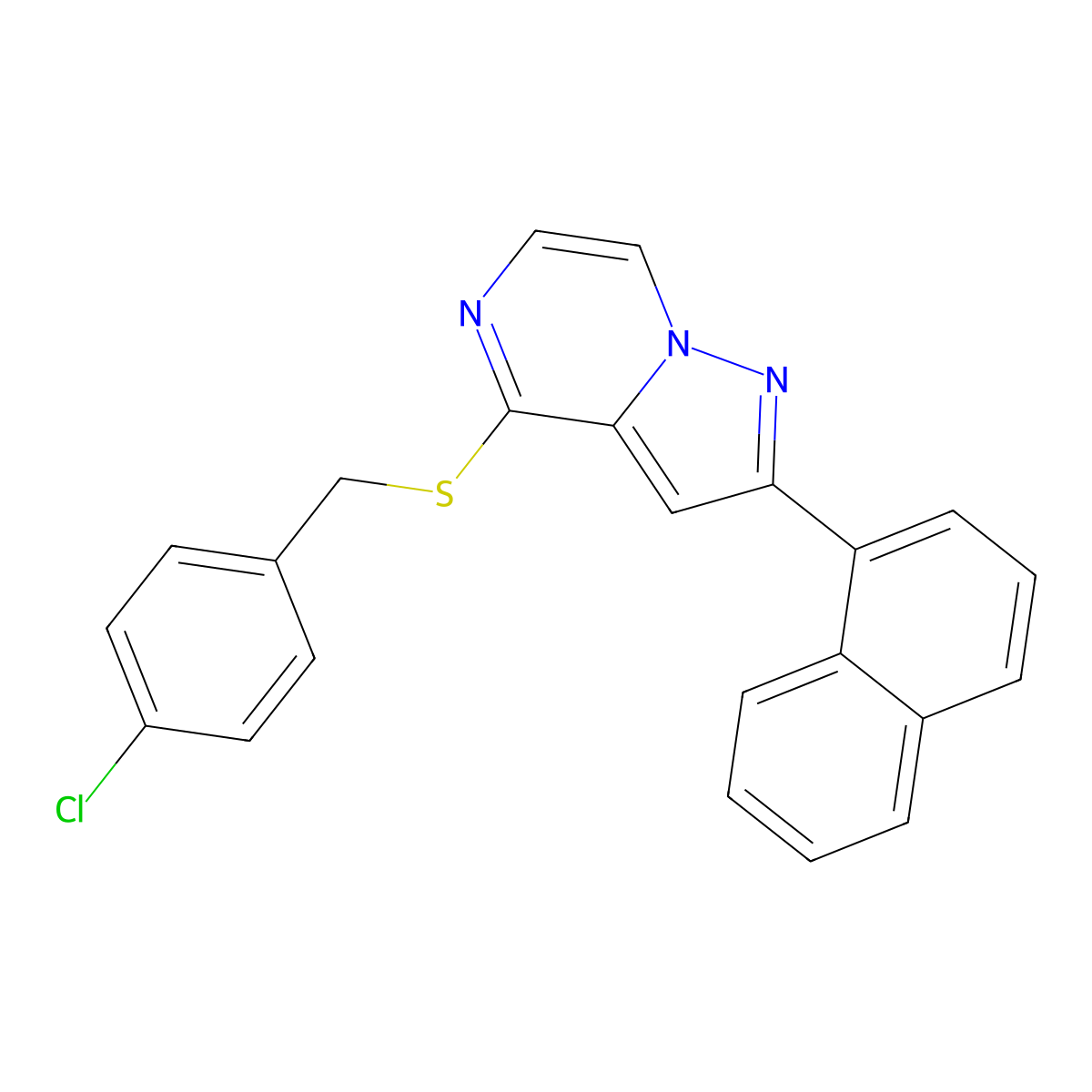 4-[(4-Chlorobenzyl)thio]-2-(1-naphthyl)pyrazolo[1,5-a]pyrazine molecular structure, CAS 1223774-32-0