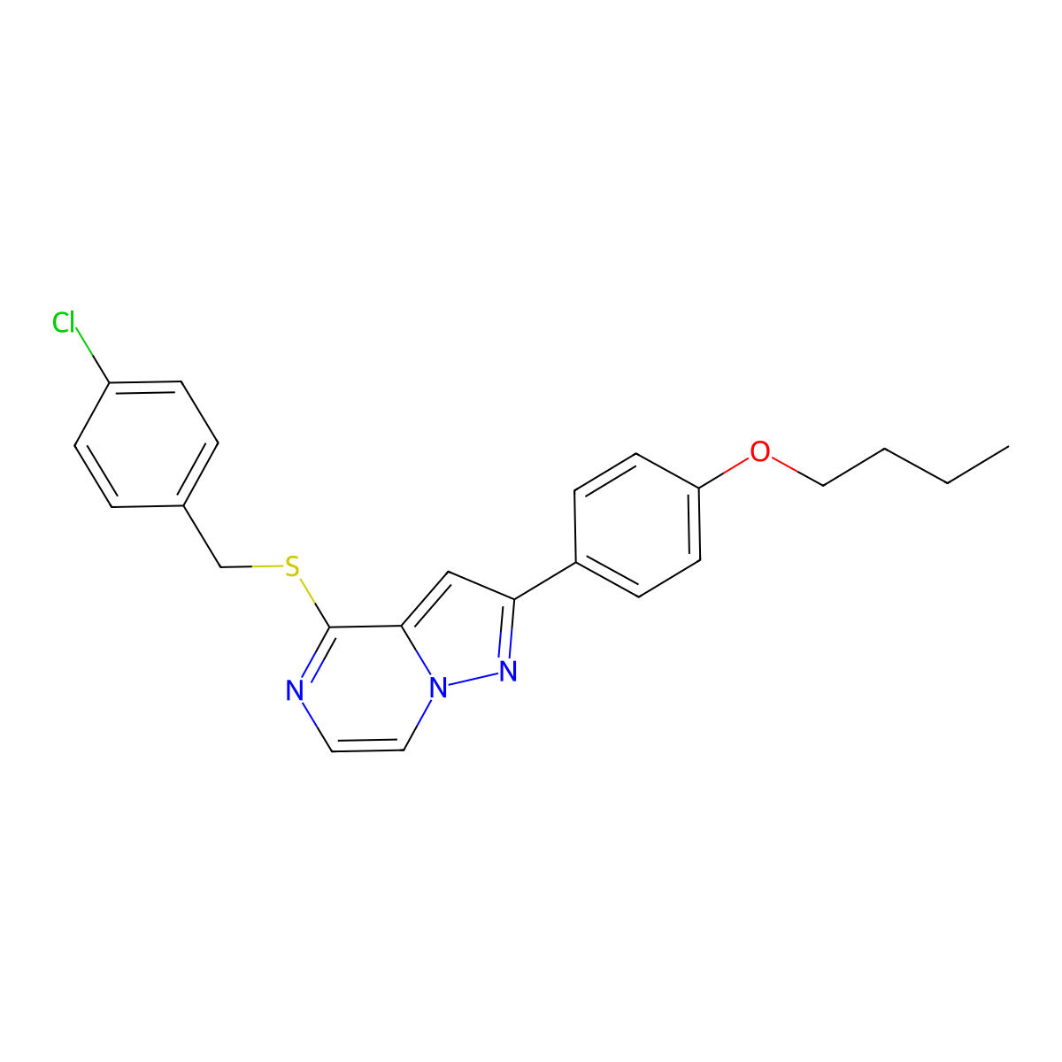 2-(4-Butoxyphenyl)-4-{[(4-chlorophenyl)methyl]sulfanyl}pyrazolo[1,5-A]pyrazine molecular structure, CAS 1223775-31-2