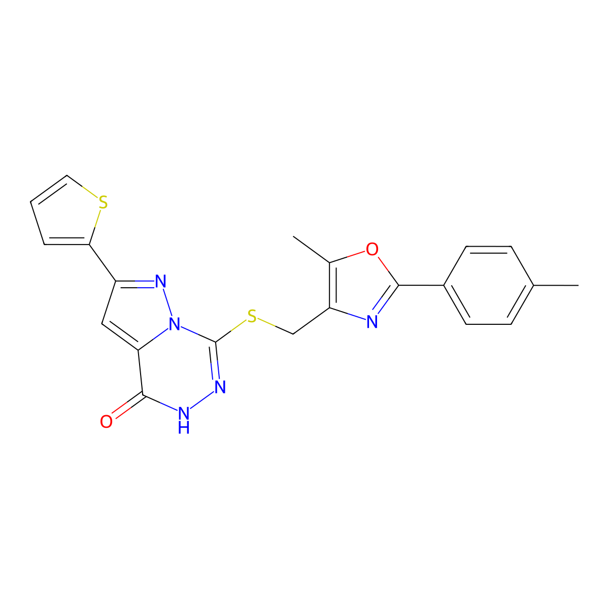 7-({[5-methyl-2-(4-methylphenyl)-1,3-oxazol-4-yl]methyl}sulfanyl)-2-(thiophen-2-yl)-4H,5H-pyrazolo[1,5-d][1,2,4]triazin-4-one molecular structure, CAS 1223776-68-8