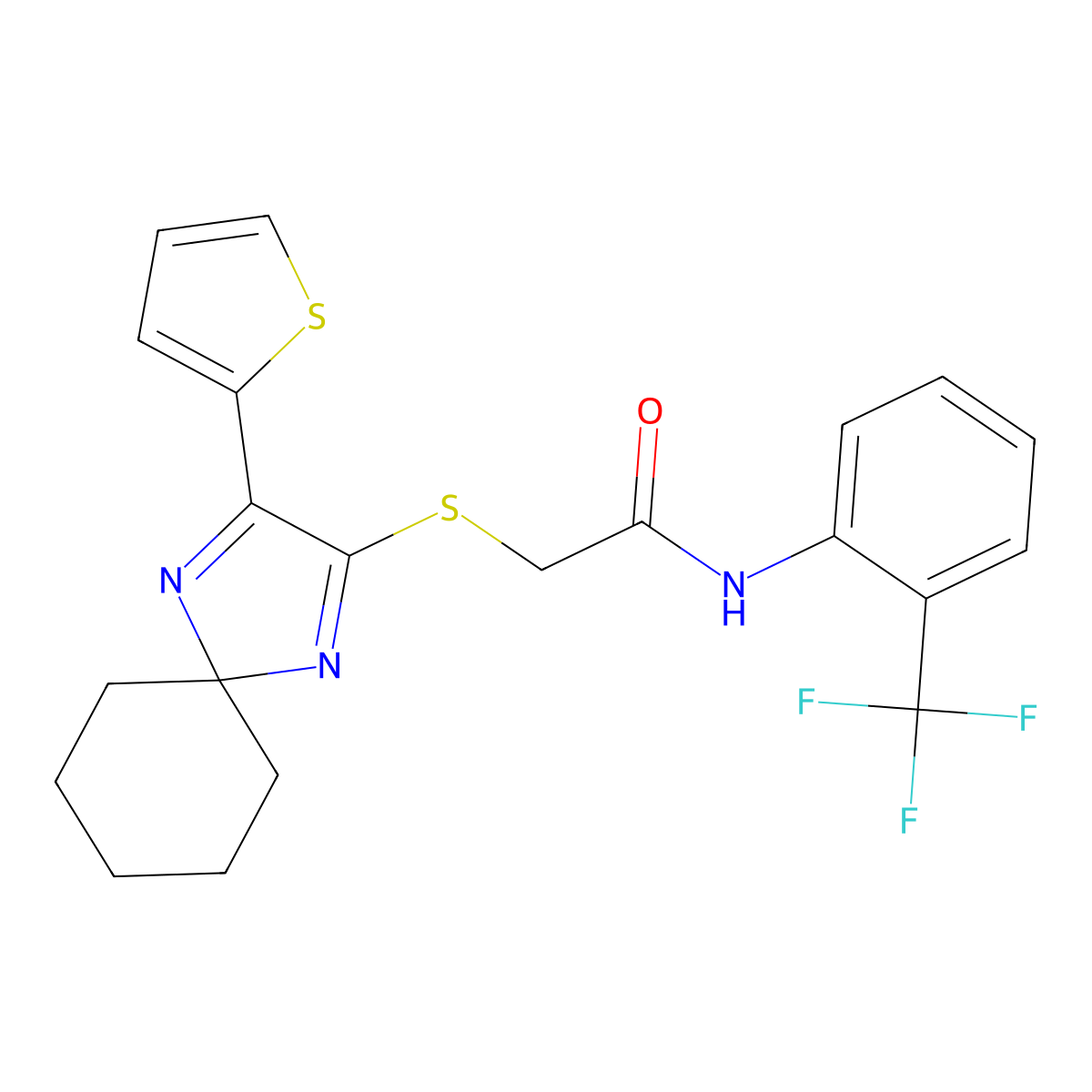 2-((3-(thiophen-2-yl)-1,4-diazaspiro[4.5]deca-1,3-dien-2-yl)thio)-N-(2-(trifluoromethyl)phenyl)acetamide molecular structure, CAS 1223777-48-7