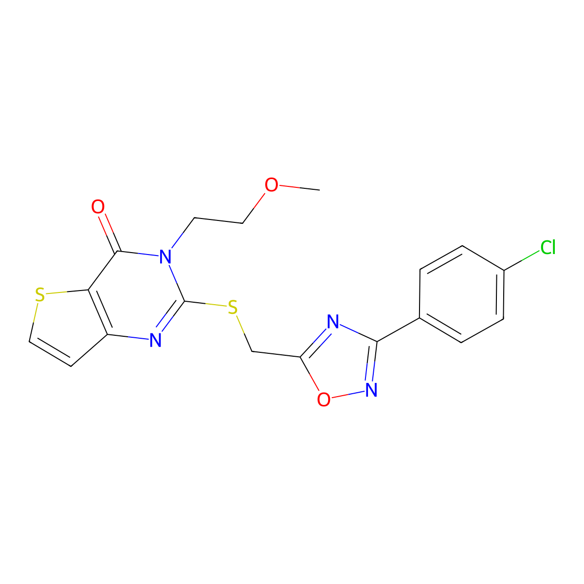 2-(((3-(4-chlorophenyl)-1,2,4-oxadiazol-5-yl)methyl)thio)-3-(2-methoxyethyl)thieno[3,2-d]pyrimidin-4(3H)-one molecular structure, CAS 1223777-84-1
