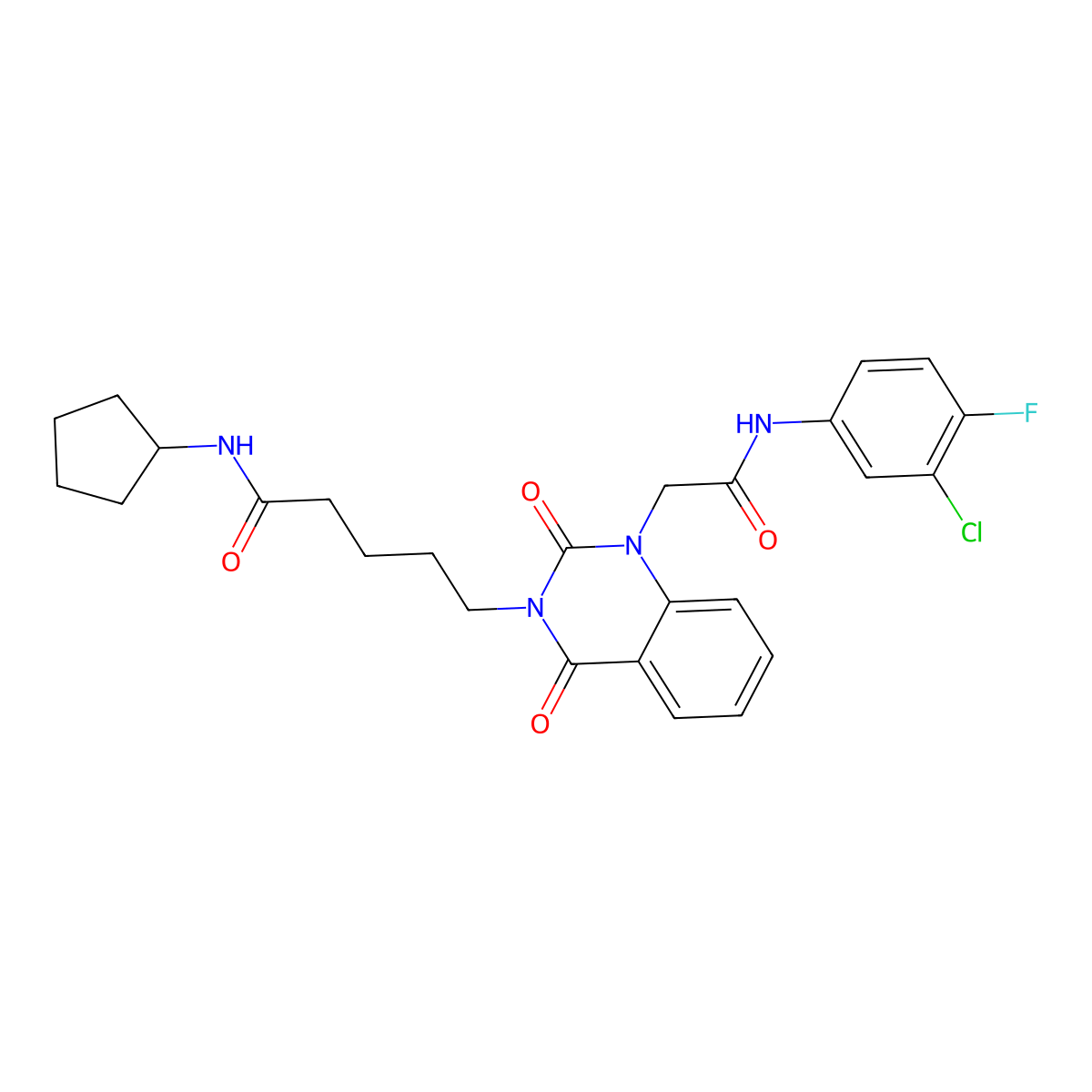 5-(1-(2-((3-chloro-4-fluorophenyl)amino)-2-oxoethyl)-2,4-dioxo-1,2-dihydroquinazolin-3(4H)-yl)-N-cyclopentylpentanamide molecular structure, CAS 1223778-48-0