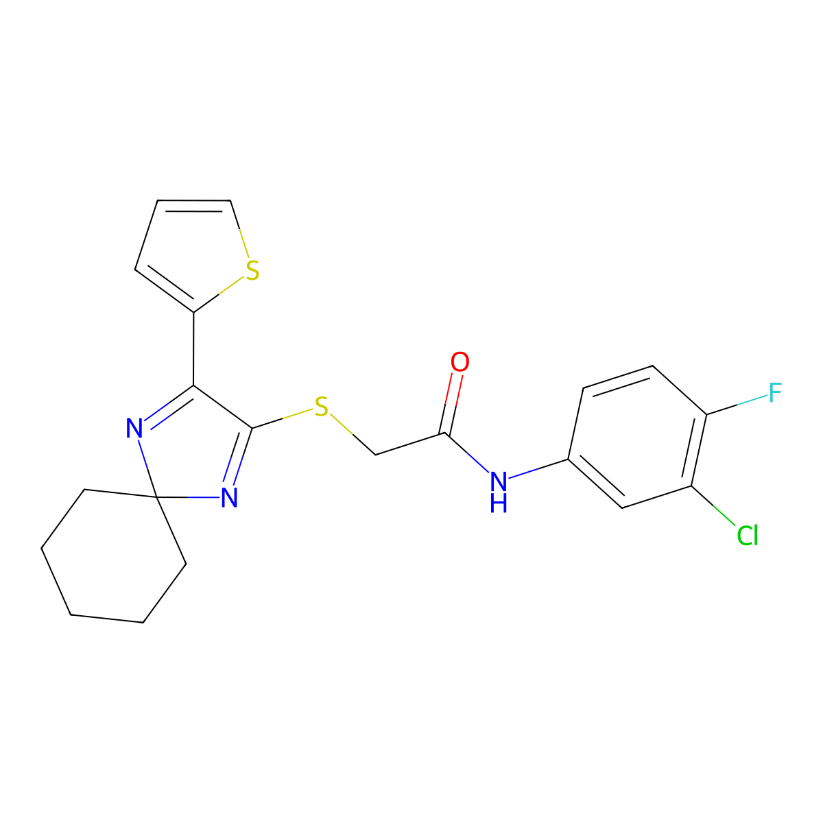 N-(3-chloro-4-fluorophenyl)-2-((3-(thiophen-2-yl)-1,4-diazaspiro[4.5]deca-1,3-dien-2-yl)thio)acetamide molecular structure, CAS 1223778-88-8