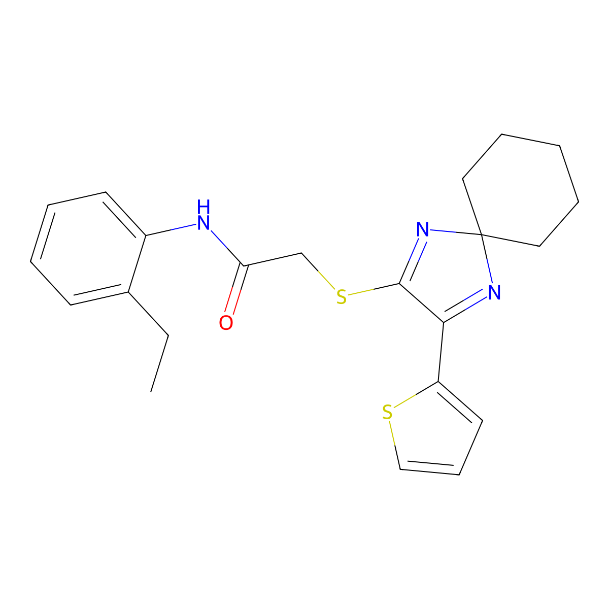 N-(2-ethylphenyl)-2-((3-(thiophen-2-yl)-1,4-diazaspiro[4.5]deca-1,3-dien-2-yl)thio)acetamide molecular structure, CAS 1223779-23-4