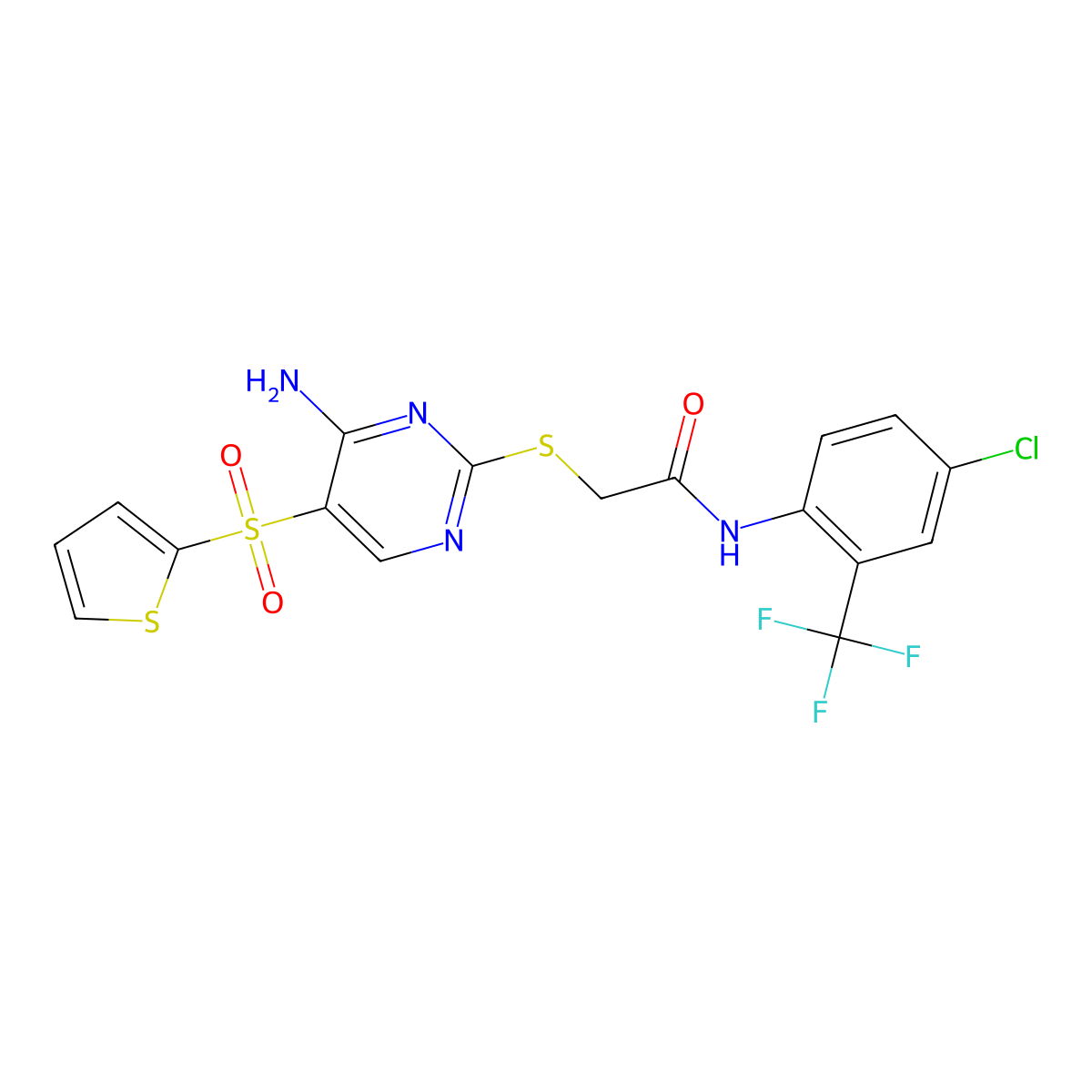 2-((4-amino-5-(thiophen-2-ylsulfonyl)pyrimidin-2-yl)thio)-N-(4-chloro-2-(trifluoromethyl)phenyl)acetamide molecular structure, CAS 1223780-66-2