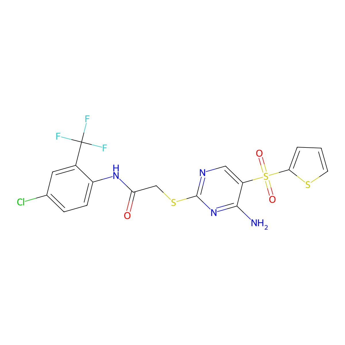 2-((4-amino-5-(thiophen-2-ylsulfonyl)pyrimidin-2-yl)thio)-N-(4-chloro-2-(trifluoromethyl)phenyl)acetamide molecular structure, CAS 1223780-66-2