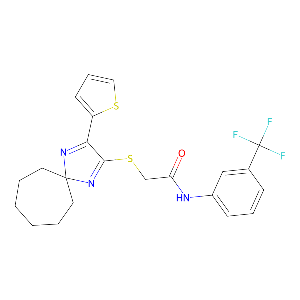 2-{[3-(thiophen-2-yl)-1,4-diazaspiro[4.6]undeca-1,3-dien-2-yl]sulfanyl}-N-[3-(trifluoromethyl)phenyl]acetamide molecular structure, CAS 1223780-87-7