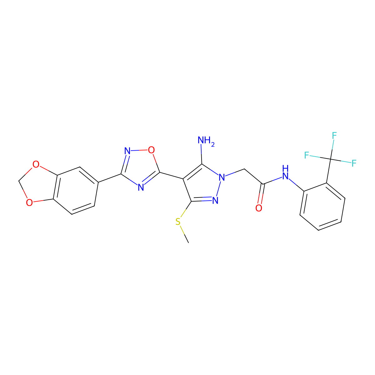 2-(5-amino-4-(3-(benzo[d][1,3]dioxol-5-yl)-1,2,4-oxadiazol-5-yl)-3-(methylthio)-1H-pyrazol-1-yl)-N-(2-(trifluoromethyl)phenyl)acetamide molecular structure, CAS 1223781-59-6