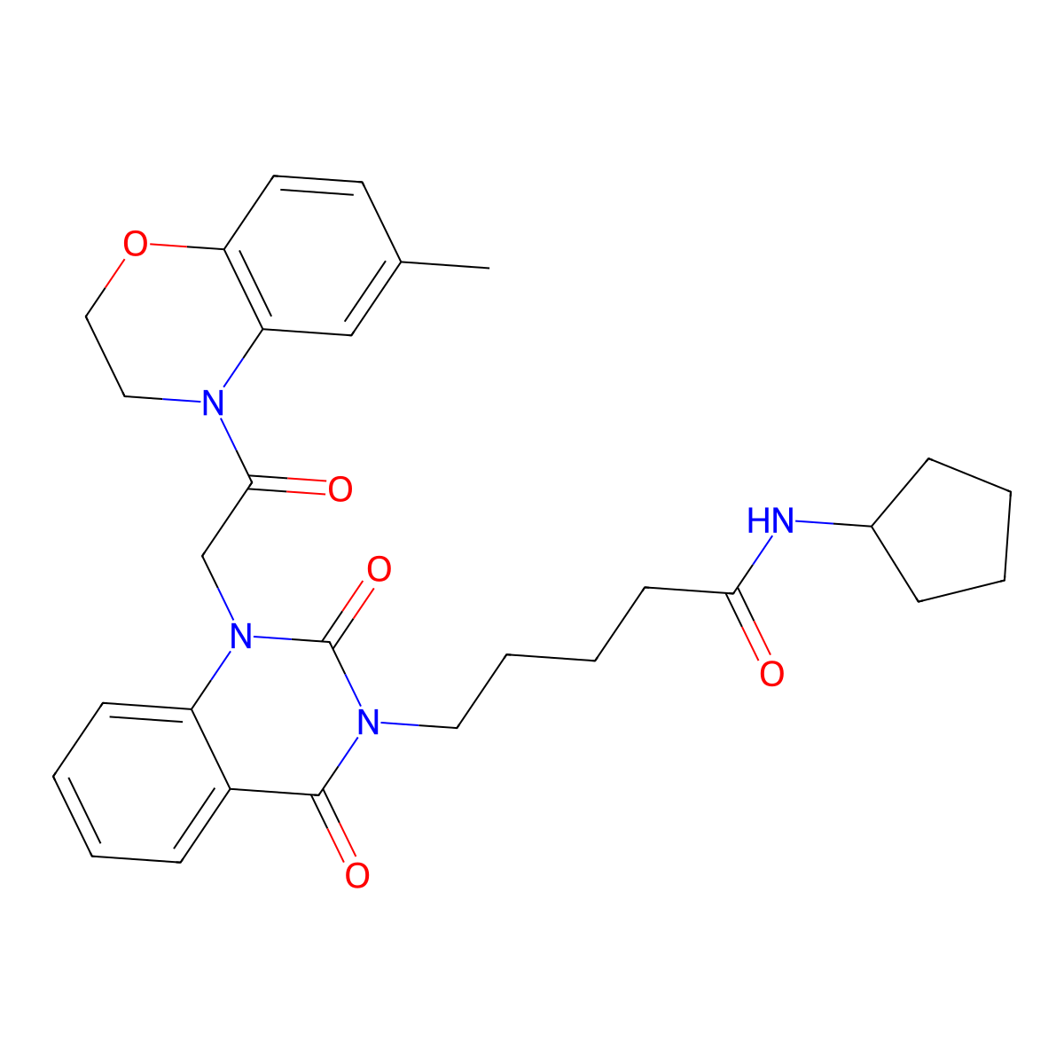 N-cyclopentyl-5-(1-(2-(6-methyl-2H-benzo[b][1,4]oxazin-4(3H)-yl)-2-oxoethyl)-2,4-dioxo-1,2-dihydroquinazolin-3(4H)-yl)pentanamide molecular structure, CAS 1223782-80-6
