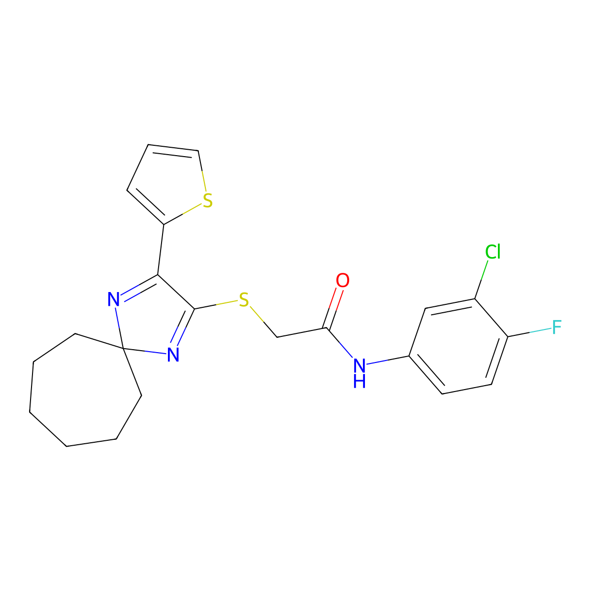 N-(3-chloro-4-fluorophenyl)-2-((3-(thiophen-2-yl)-1,4-diazaspiro[4.6]undeca-1,3-dien-2-yl)thio)acetamide molecular structure, CAS 1223785-90-7