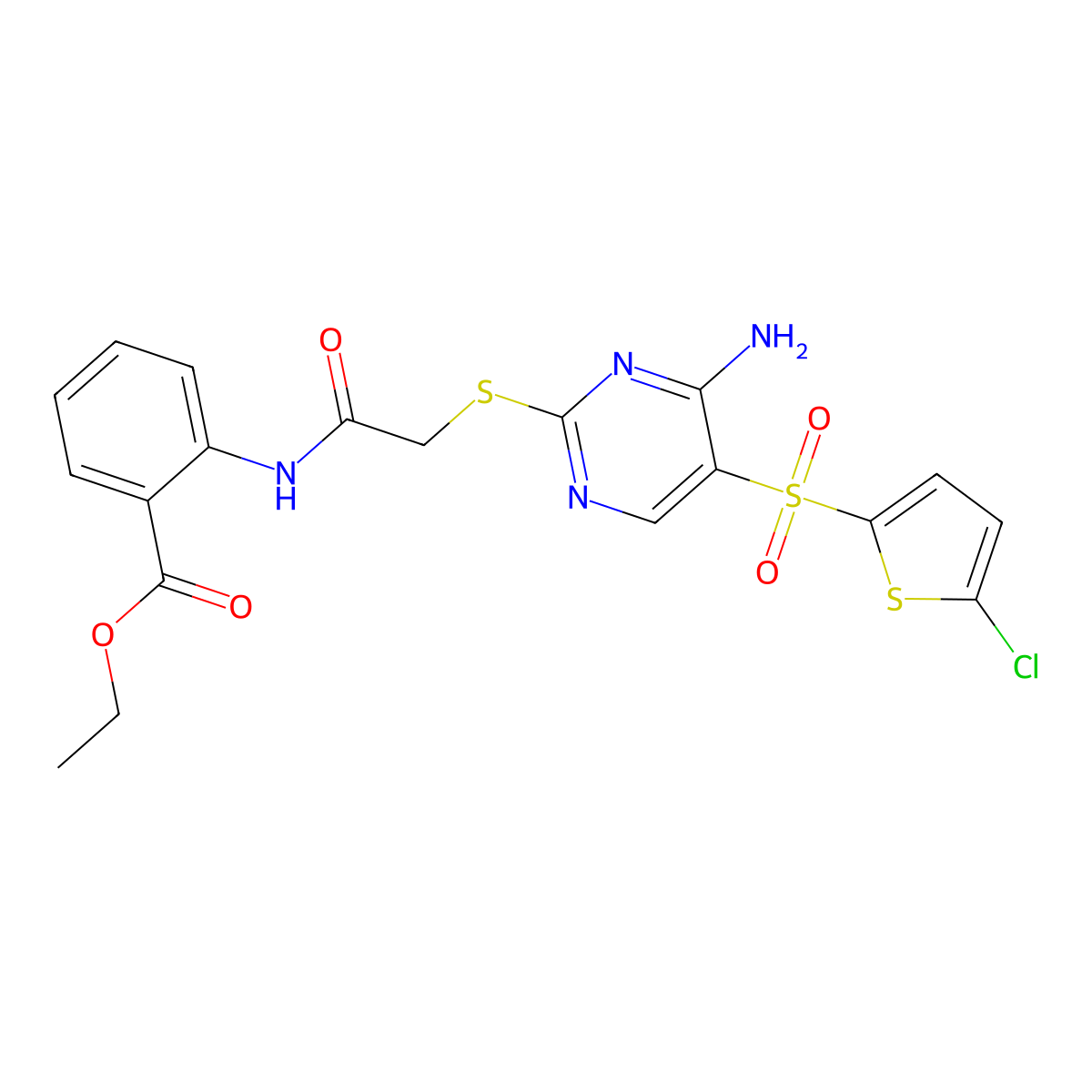 Ethyl 2-(2-((4-amino-5-((5-chlorothiophen-2-yl)sulfonyl)pyrimidin-2-yl)thio)acetamido)benzoate molecular structure, CAS 1223785-99-6