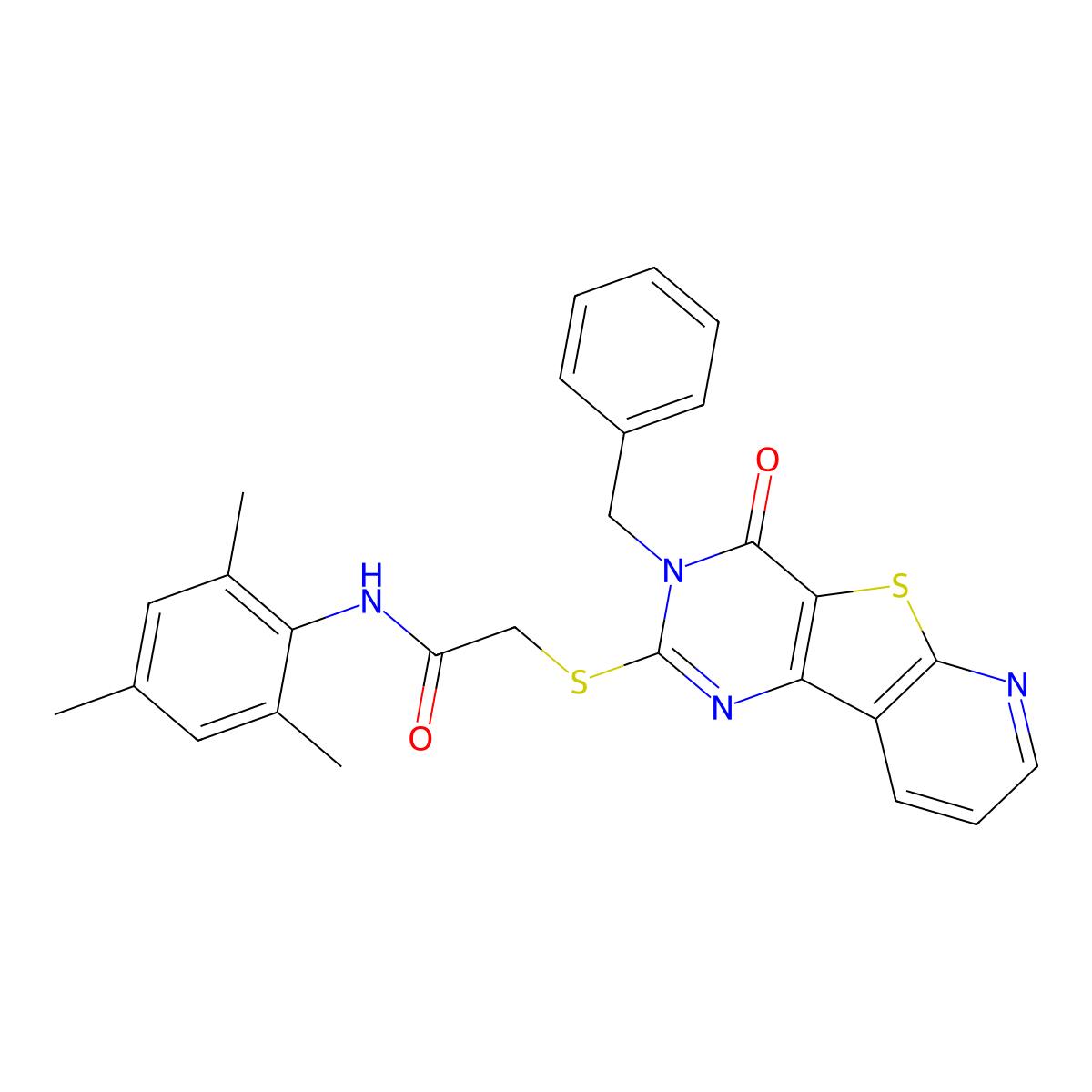 2-({5-benzyl-6-oxo-8-thia-3,5,10-triazatricyclo[7.4.0.0^{2,7}]trideca-1(9),2(7),3,10,12-pentaen-4-yl}sulfanyl)-N-(2,4,6-trimethylphenyl)acetamide molecular structure, CAS 1223786-22-8