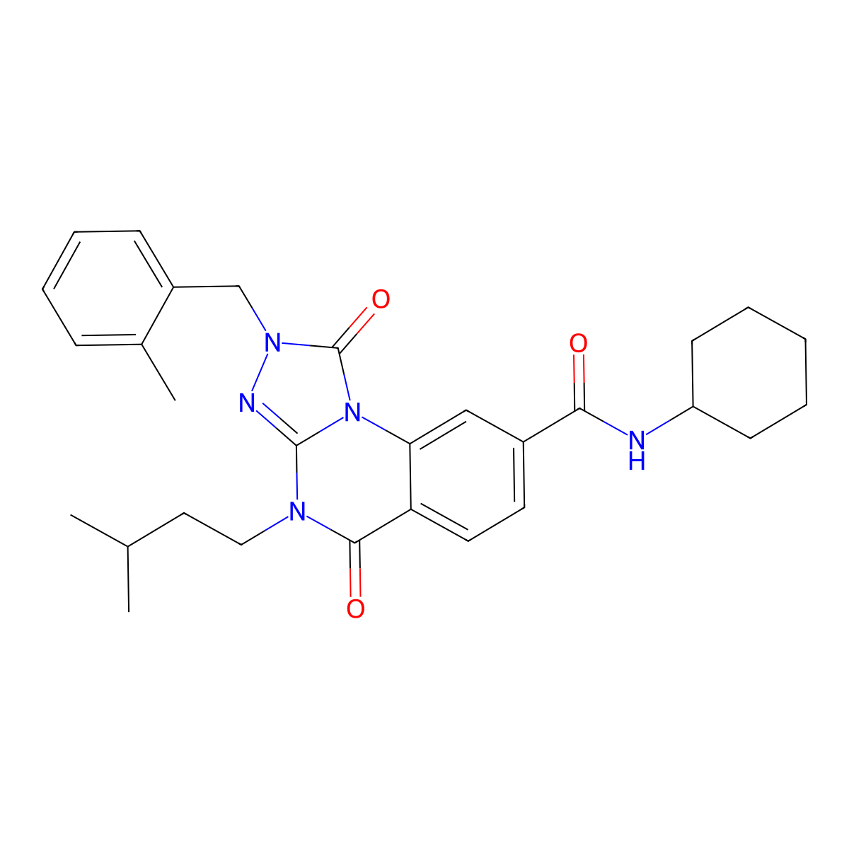 N-cyclohexyl-4-(3-methylbutyl)-2-[(2-methylphenyl)methyl]-1,5-dioxo-1H,2H,4H,5H-[1,2,4]triazolo[4,3-a]quinazoline-8-carboxamide molecular structure, CAS 1223786-61-5