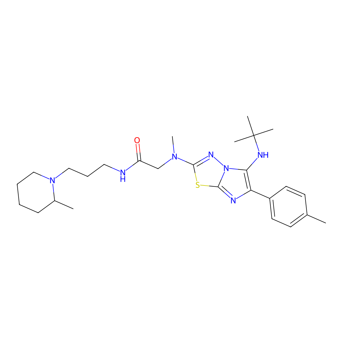 2-((5-(tert-Butylamino)-6-(p-tolyl)imidazo[2,1-b][1,3,4]thiadiazol-2-yl)(methyl)amino)-N-(3-(2-methylpiperidin-1-yl)propyl)acetamide molecular structure, CAS 1223786-86-4