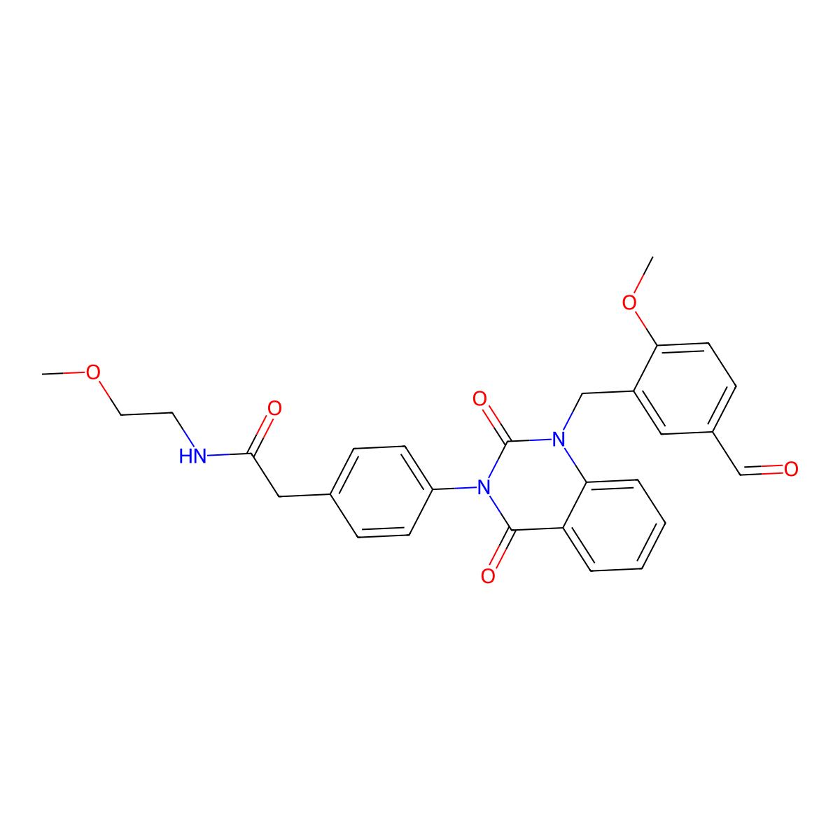 2-(4-(1-(5-formyl-2-methoxybenzyl)-2,4-dioxo-1,2-dihydroquinazolin-3(4H)-yl)phenyl)-N-(2-methoxyethyl)acetamide molecular structure, CAS 1223787-11-8