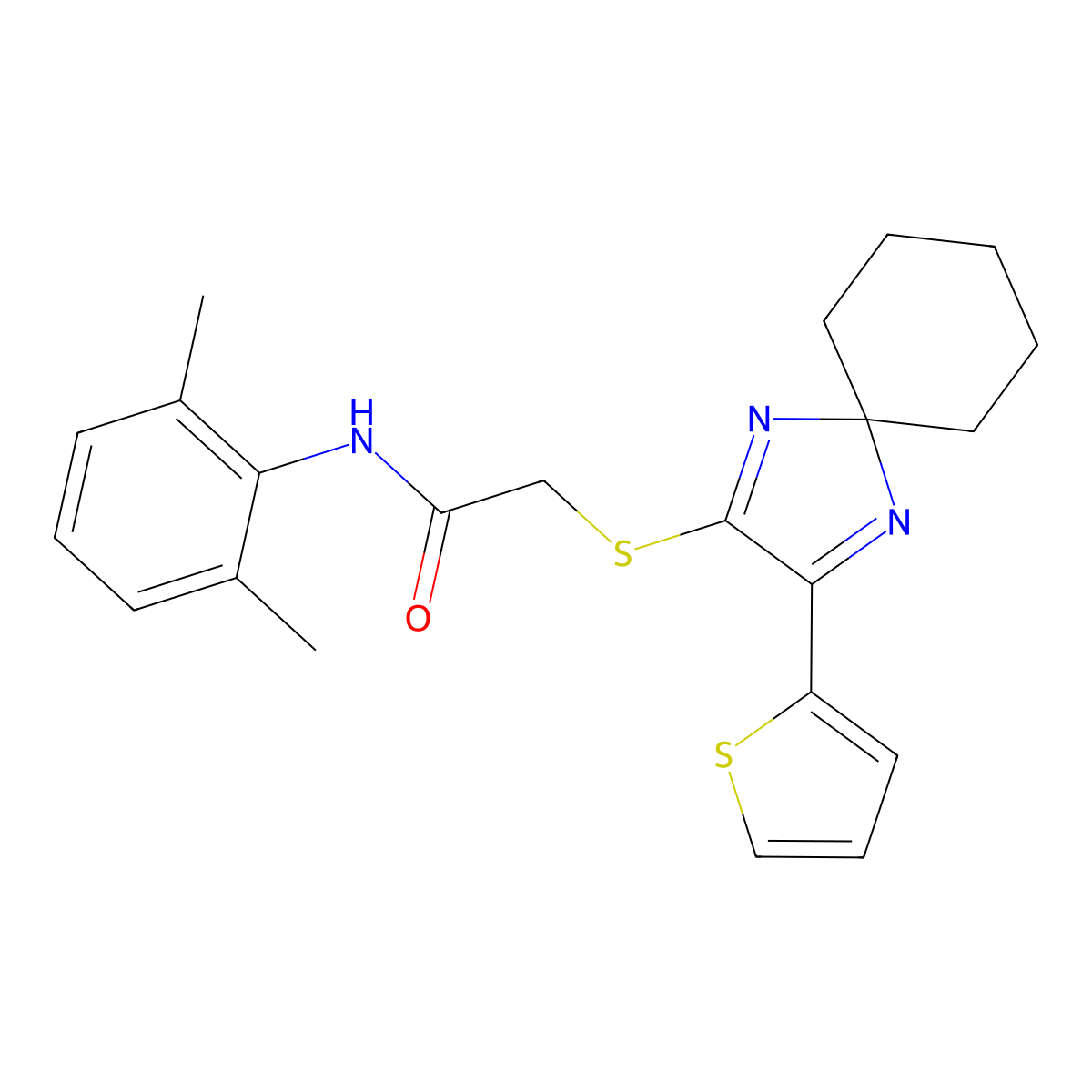 N-(2,6-dimethylphenyl)-2-((3-(thiophen-2-yl)-1,4-diazaspiro[4.5]deca-1,3-dien-2-yl)thio)acetamide molecular structure, CAS 1223787-94-7