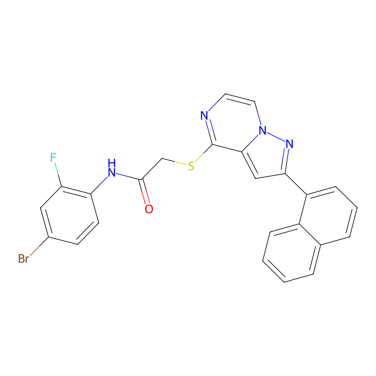 N-(4-Bromo-2-fluorophenyl)-2-{[2-(naphthalen-1-YL)pyrazolo[1,5-A]pyrazin-4-YL]sulfanyl}acetamide molecular structure, CAS 1223788-30-4