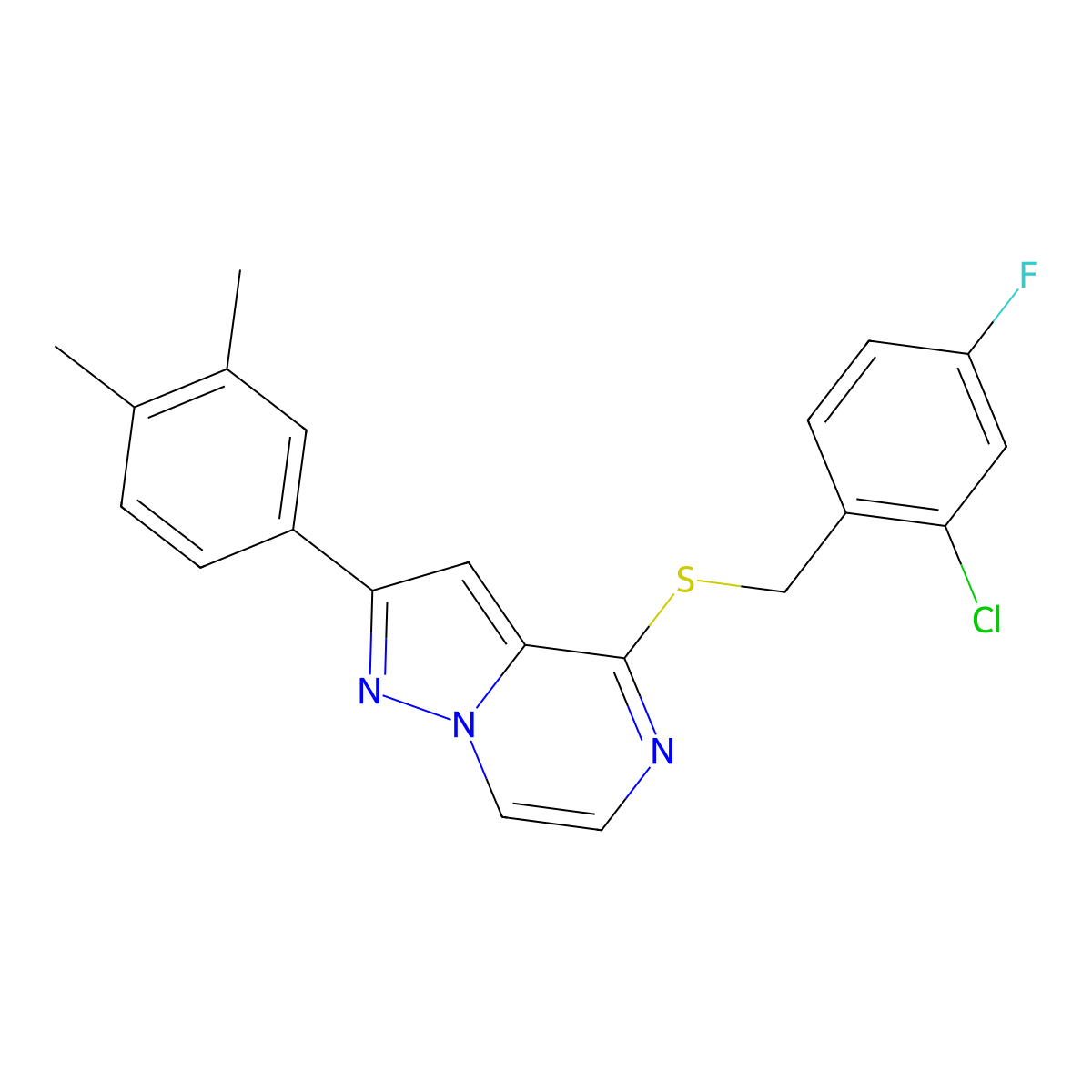 4-((2-Chloro-4-fluorobenzyl)thio)-2-(3,4-dimethylphenyl)pyrazolo[1,5-a]pyrazine molecular structure, CAS 1223789-01-2