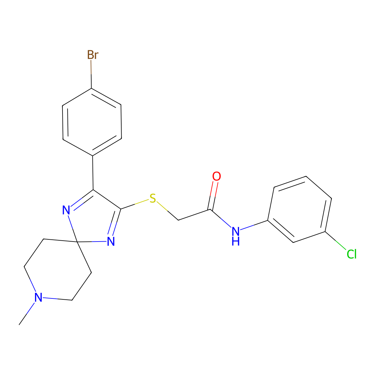 2-((3-(4-bromophenyl)-8-methyl-1,4,8-triazaspiro[4.5]deca-1,3-dien-2-yl)thio)-N-(3-chlorophenyl)acetamide molecular structure, CAS 1223789-25-0