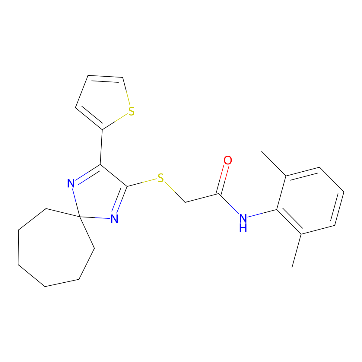 N-(2,6-dimethylphenyl)-2-((3-(thiophen-2-yl)-1,4-diazaspiro[4.6]undeca-1,3-dien-2-yl)thio)acetamide molecular structure, CAS 1223791-53-4