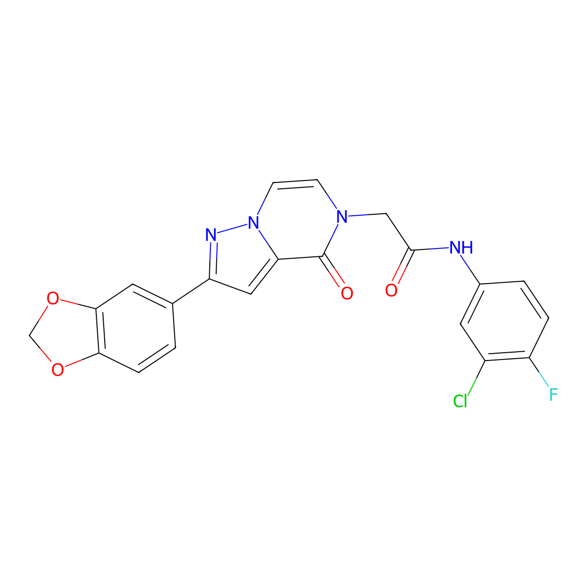 2-[2-(1,3-benzodioxol-5-yl)-4-oxopyrazolo[1,5-a]pyrazin-5(4H)-yl]-N-(3-chloro-4-fluorophenyl)acetamide molecular structure, CAS 1223792-28-6