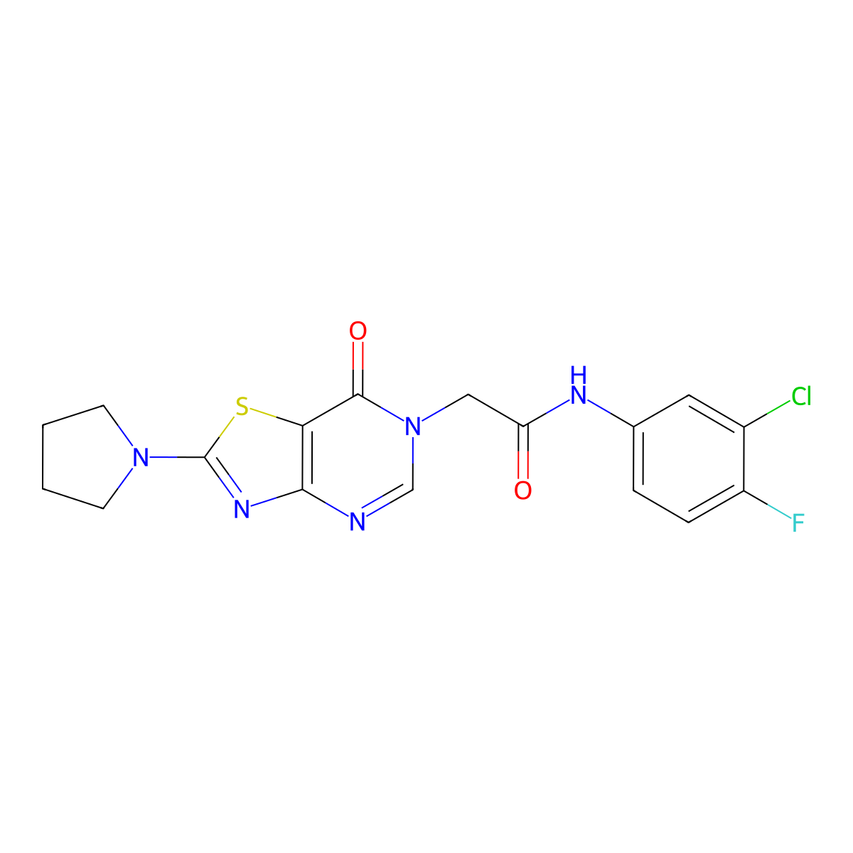 N-(3-chloro-4-fluorophenyl)-2-(7-oxo-2-(pyrrolidin-1-yl)thiazolo[4,5-d]pyrimidin-6(7H)-yl)acetamide molecular structure, CAS 1223793-96-1