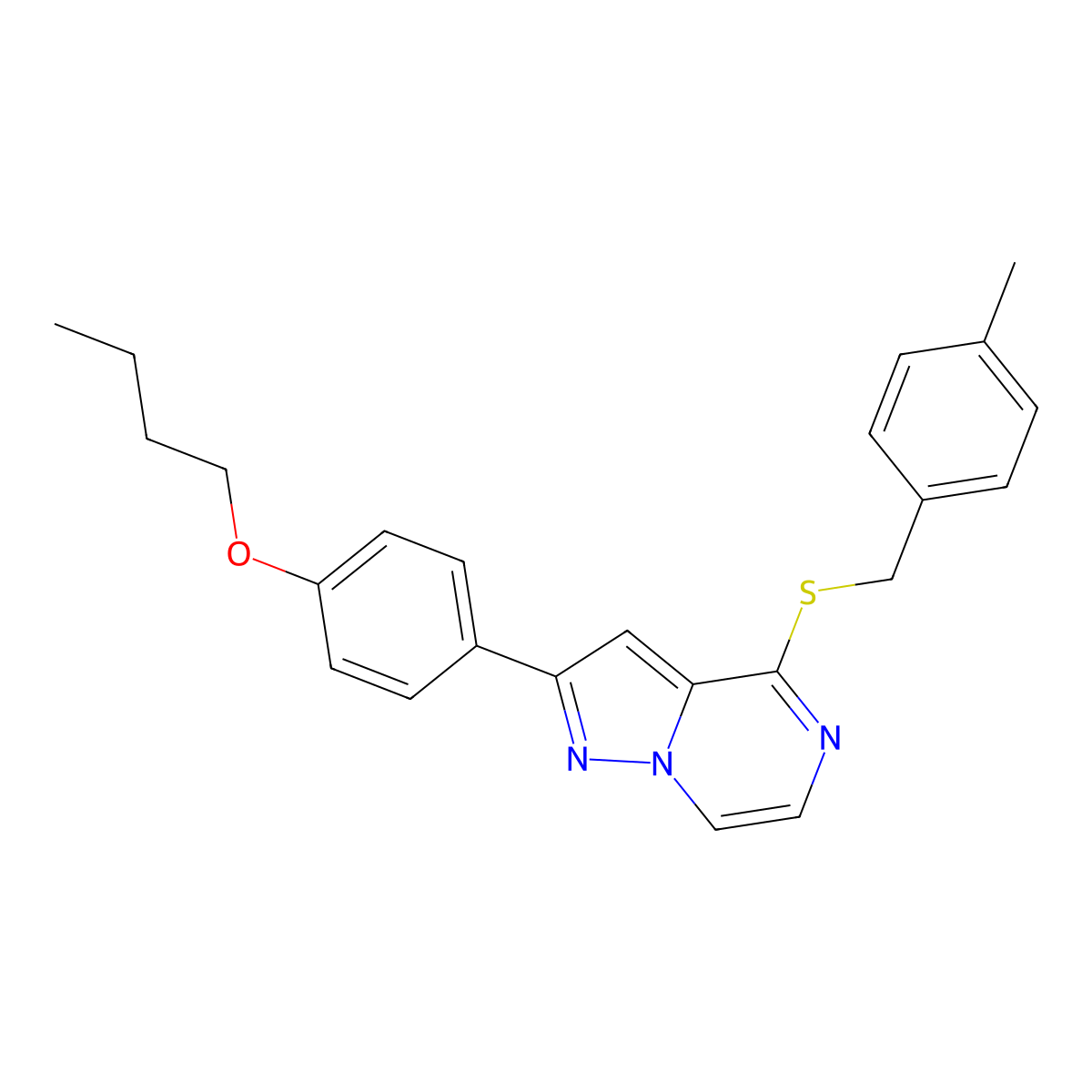 2-(4-Butoxyphenyl)-4-{[(4-methylphenyl)methyl]sulfanyl}pyrazolo[1,5-A]pyrazine molecular structure, CAS 1223795-95-6