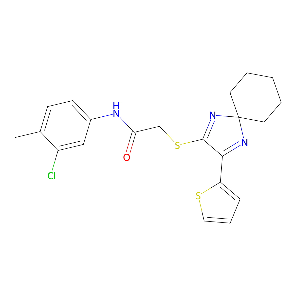 N-(3-chloro-4-methylphenyl)-2-((3-(thiophen-2-yl)-1,4-diazaspiro[4.5]deca-1,3-dien-2-yl)thio)acetamide molecular structure, CAS 1223796-80-2