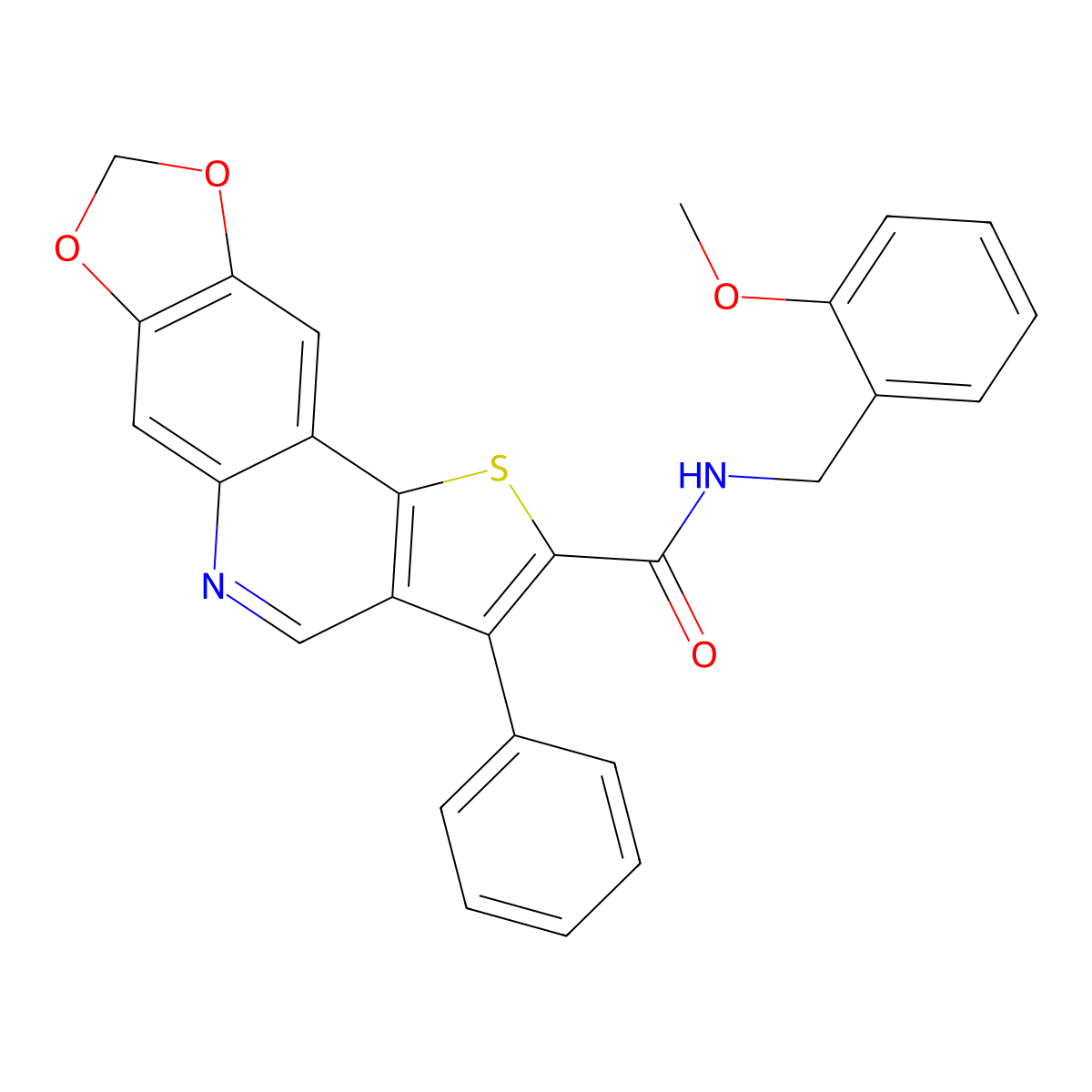 N-[(2-methoxyphenyl)methyl]-5-phenyl-12,14-dioxa-3-thia-8-azatetracyclo[7.7.0.0^{2,6}.0^{11,15}]hexadeca-1(16),2(6),4,7,9,11(15)-hexaene-4-carboxamide molecular structure, CAS 1223797-53-2