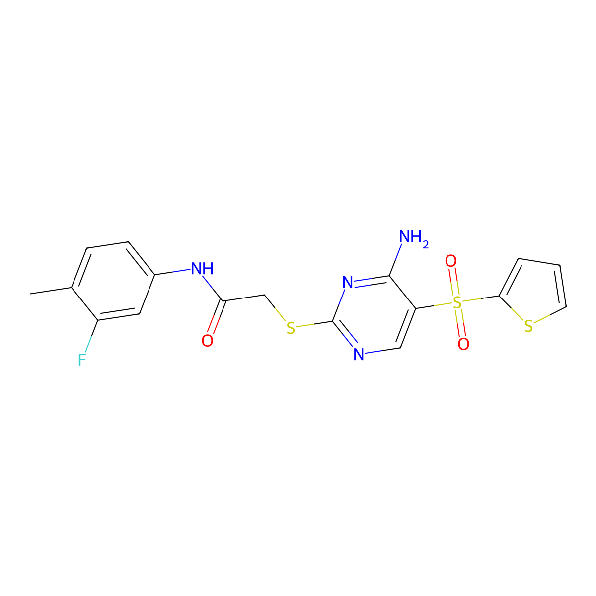 2-((4-amino-5-(thiophen-2-ylsulfonyl)pyrimidin-2-yl)thio)-N-(3-fluoro-4-methylphenyl)acetamide molecular structure, CAS 1223799-50-5