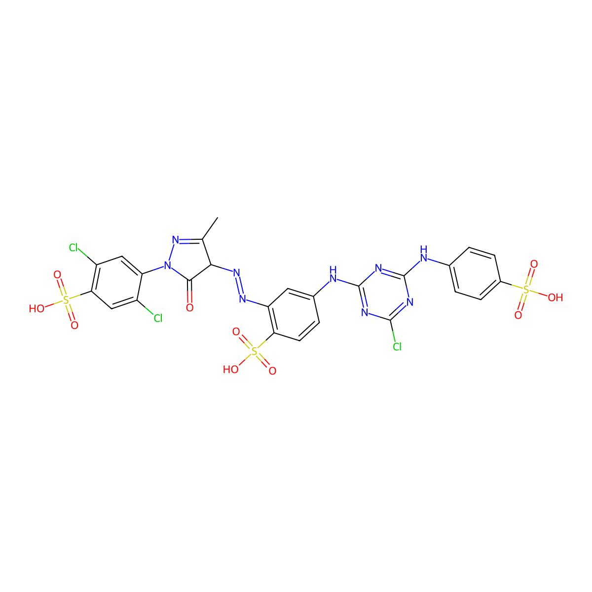 Benzenesulfonic acid, 4-((4-chloro-6-((4-sulfophenyl)amino)-1,3,5-triazin-2-yl)amino)-2-((1-(2,5-dichloro-4-sulfophenyl)-4,5-dihydro-3-methyl-5-oxo-1H-pyrazol-4-yl)azo)- molecular structure, CAS 12238-03-8