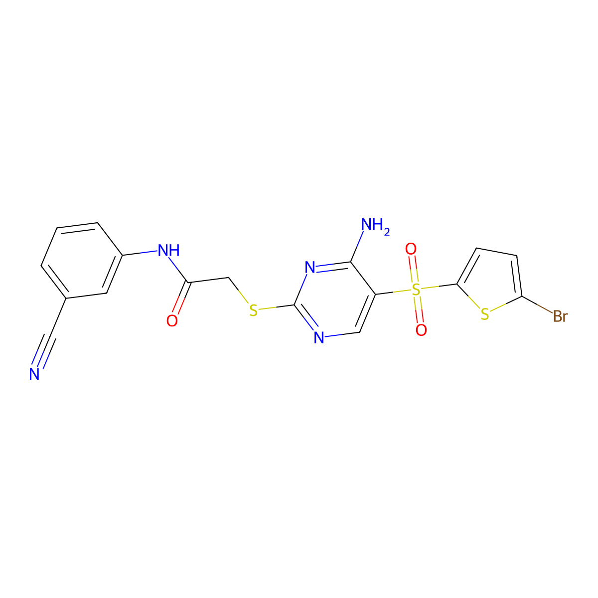 2-((4-amino-5-((5-bromothiophen-2-yl)sulfonyl)pyrimidin-2-yl)thio)-N-(3-cyanophenyl)acetamide molecular structure, CAS 1223801-60-2