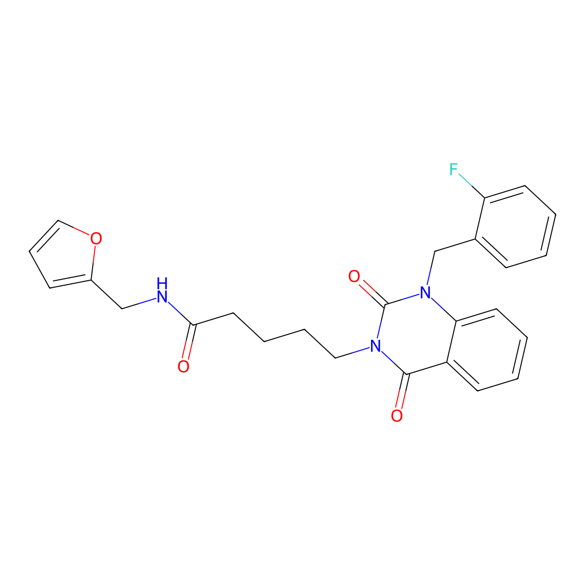 5-{1-[(2-fluorophenyl)methyl]-2,4-dioxo-1,2,3,4-tetrahydroquinazolin-3-yl}-N-[(furan-2-yl)methyl]pentanamide molecular structure, CAS 1223801-68-0