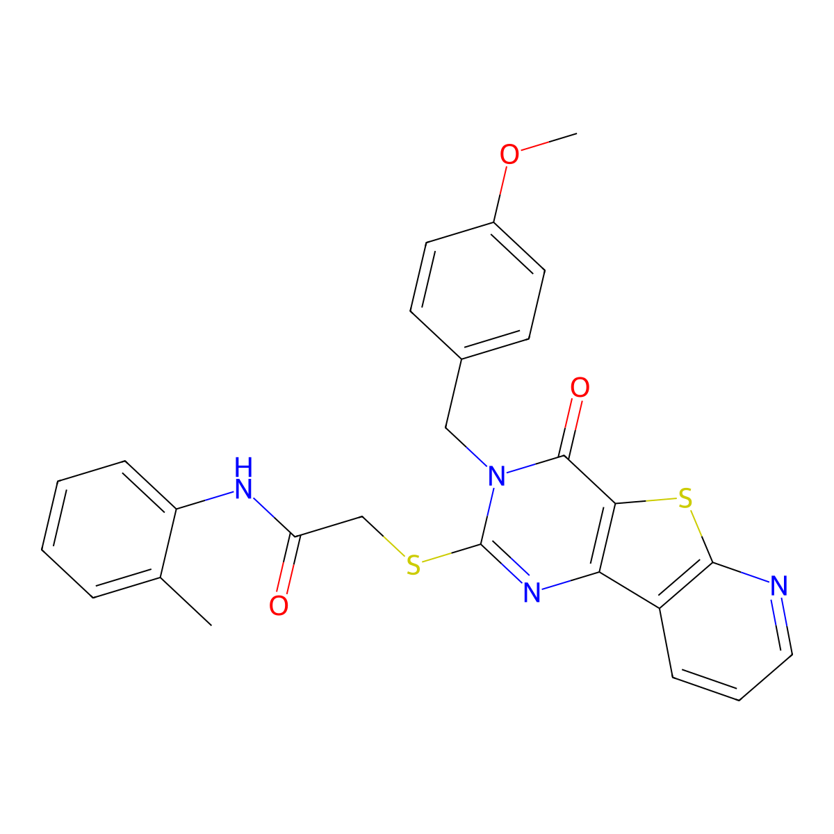 2-({5-[(4-methoxyphenyl)methyl]-6-oxo-8-thia-3,5,10-triazatricyclo[7.4.0.0^{2,7}]trideca-1(9),2(7),3,10,12-pentaen-4-yl}sulfanyl)-N-(2-methylphenyl)acetamide molecular structure, CAS 1223802-12-7