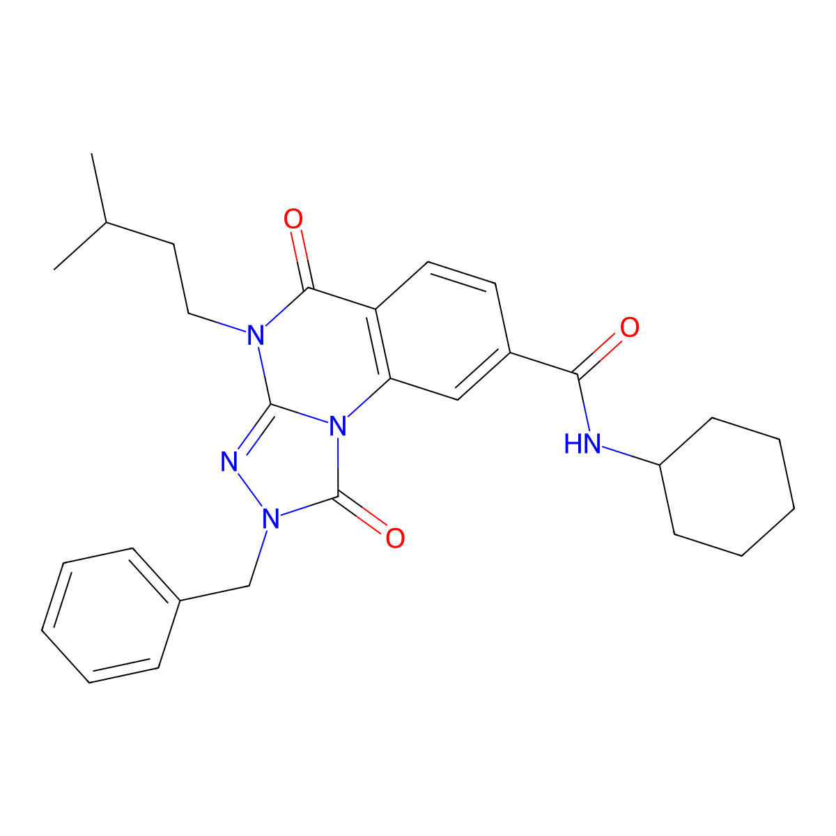 2-benzyl-N-cyclohexyl-4-isopentyl-1,5-dioxo-1,2,4,5-tetrahydro-[1,2,4]triazolo[4,3-a]quinazoline-8-carboxamide molecular structure, CAS 1223802-64-9