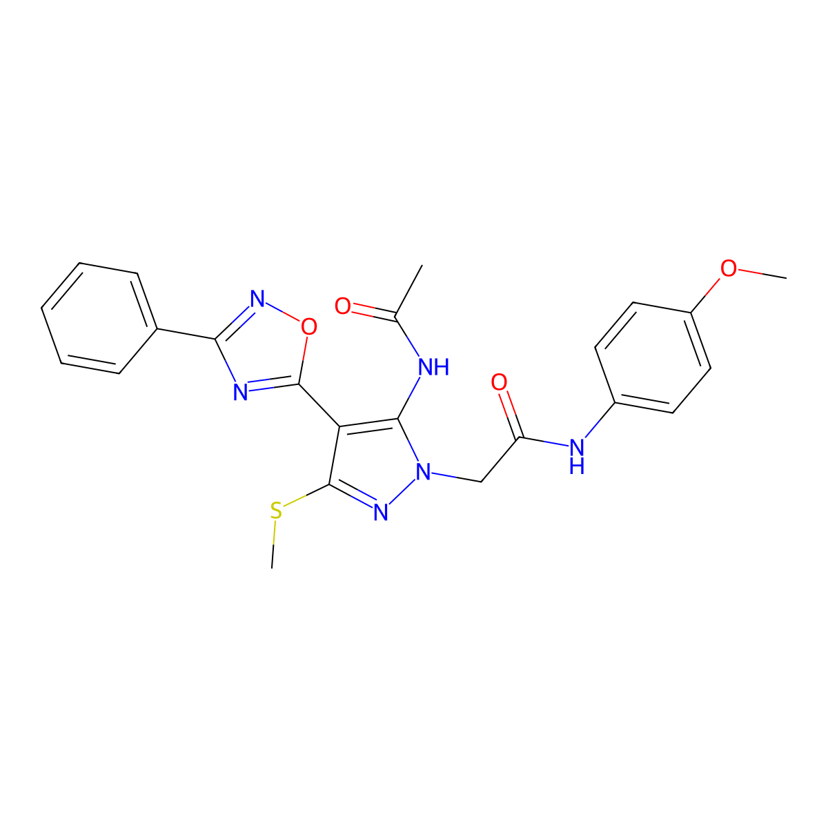 2-[5-acetamido-3-(methylsulfanyl)-4-(3-phenyl-1,2,4-oxadiazol-5-yl)-1H-pyrazol-1-yl]-N-(4-methoxyphenyl)acetamide molecular structure, CAS 1223803-09-5