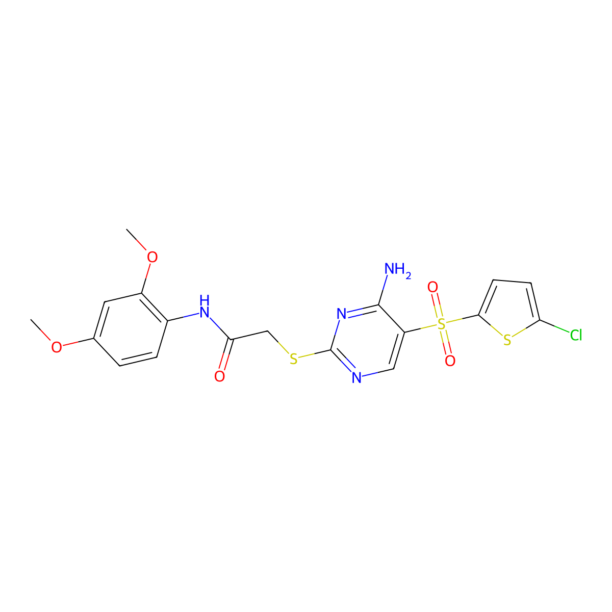 2-((4-amino-5-((5-chlorothiophen-2-yl)sulfonyl)pyrimidin-2-yl)thio)-N-(2,4-dimethoxyphenyl)acetamide molecular structure, CAS 1223804-75-8