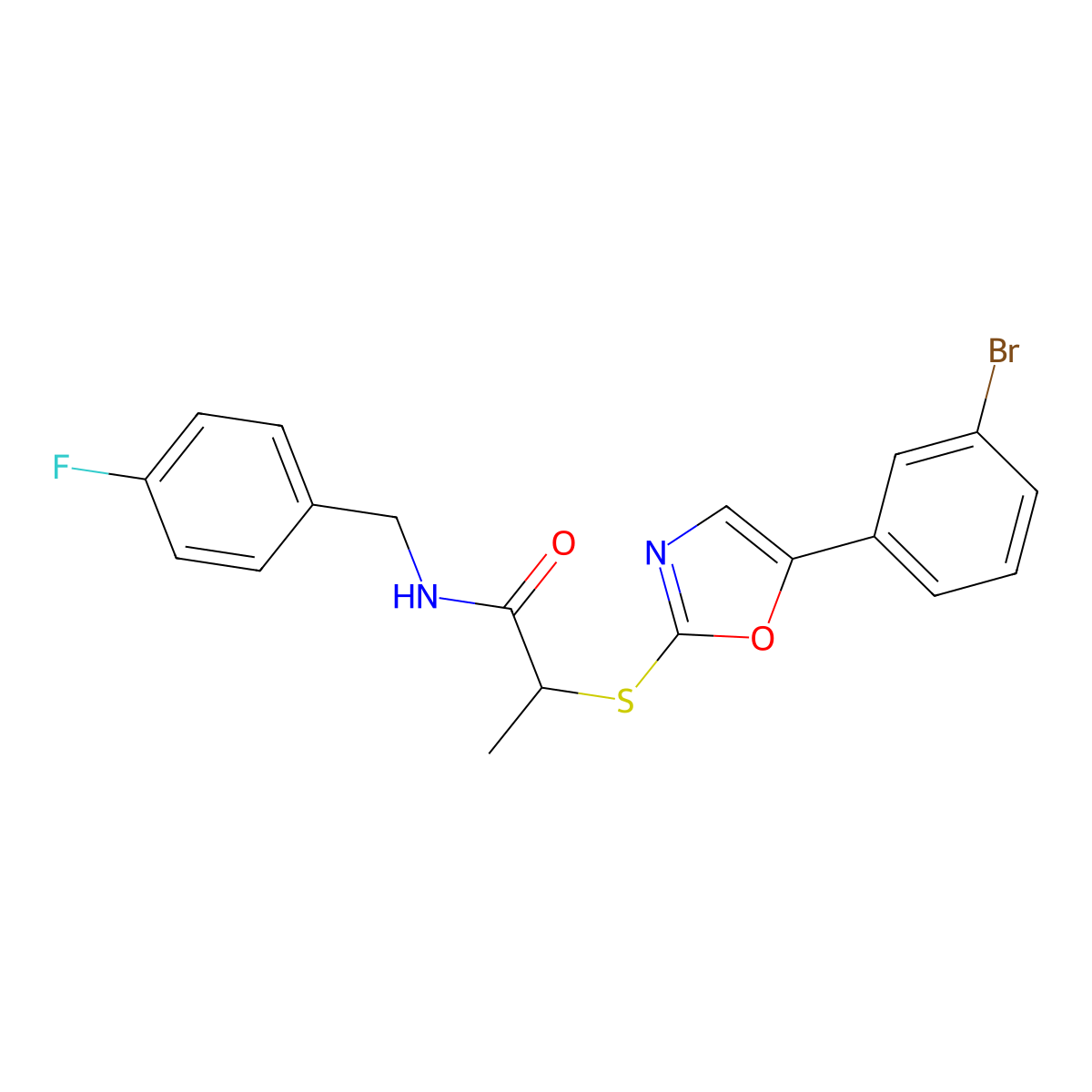 2-((5-(3-bromophenyl)oxazol-2-yl)thio)-N-(4-fluorobenzyl)propanamide molecular structure, CAS 1223804-97-4