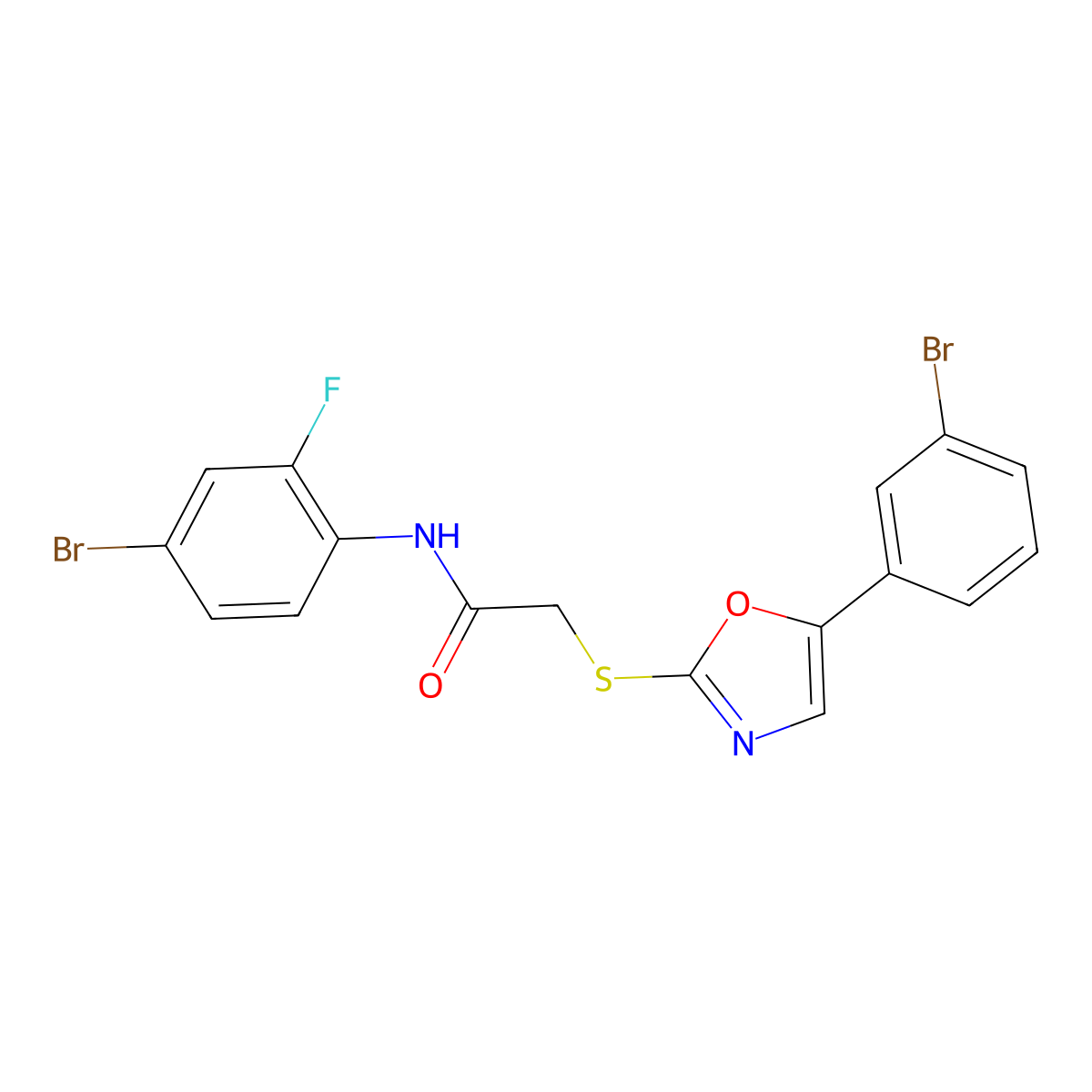 N-(4-bromo-2-fluorophenyl)-2-((5-(3-bromophenyl)oxazol-2-yl)thio)acetamide molecular structure, CAS 1223806-17-4