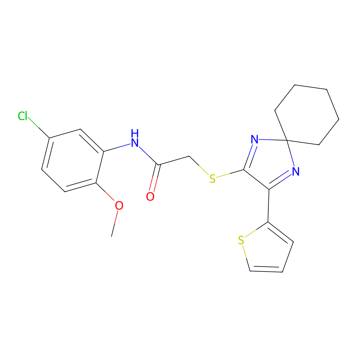 N-(5-chloro-2-methoxyphenyl)-2-((3-(thiophen-2-yl)-1,4-diazaspiro[4.5]deca-1,3-dien-2-yl)thio)acetamide molecular structure, CAS 1223806-62-9