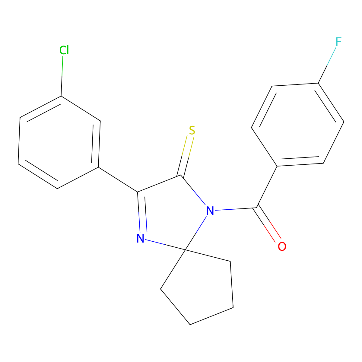 3-(3-Chlorophenyl)-1-(4-fluorobenzoyl)-1,4-diazaspiro[4.4]non-3-ene-2-thione molecular structure, CAS 1223806-90-3