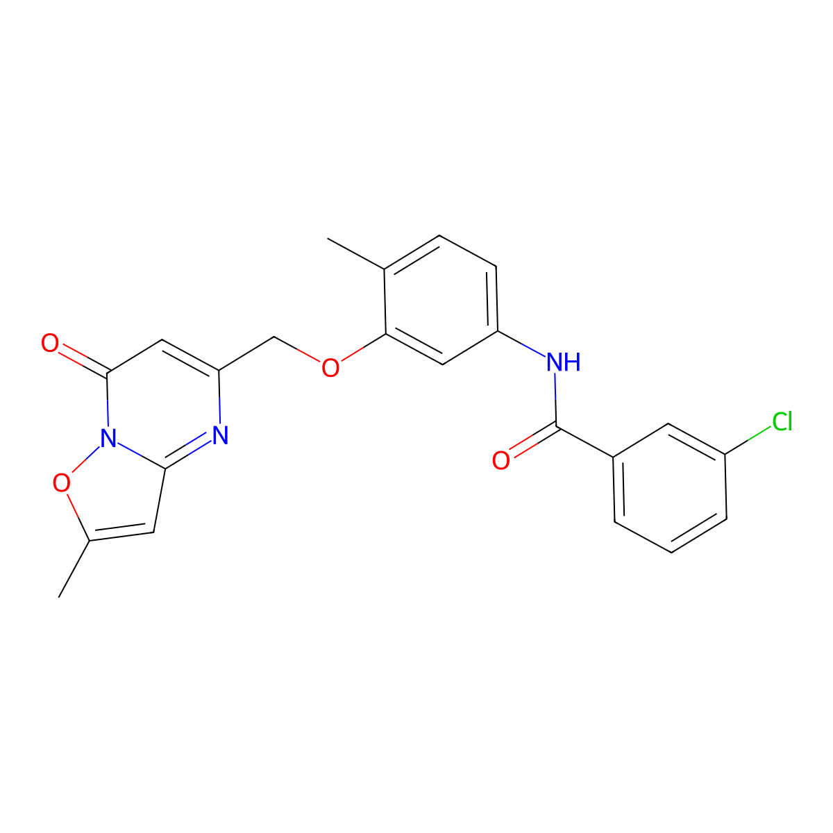 3-Chloro-N-[4-methyl-3-[(2-methyl-7-oxo-7H-isoxazolo[2,3-a]pyrimidin-5-yl)methoxy]phenyl]benzamide molecular structure, CAS 1223807-42-8
