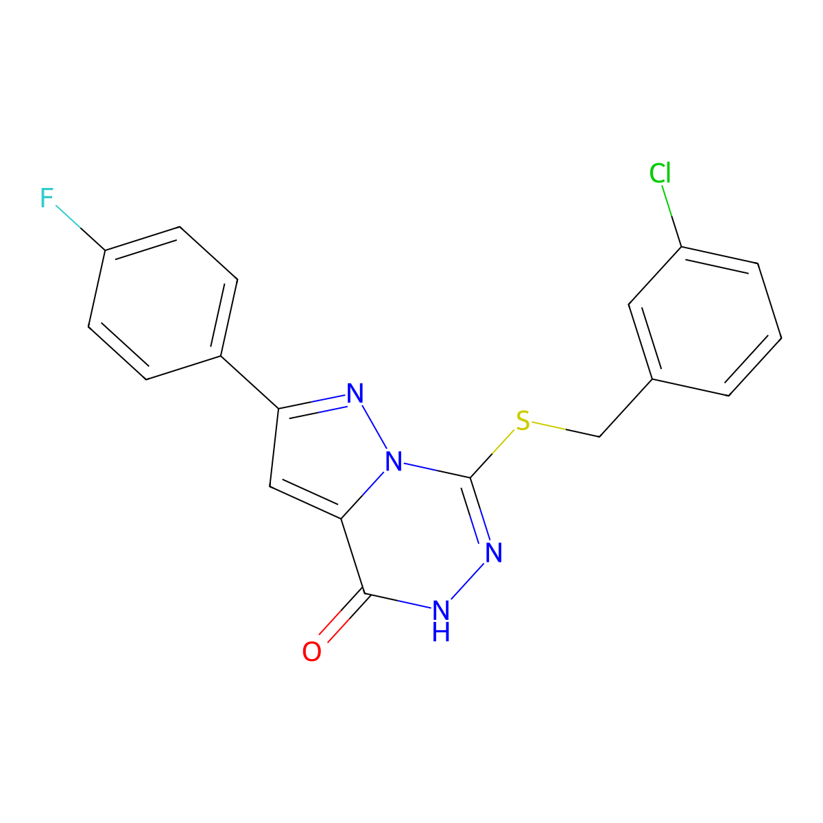 7-[(3-chlorobenzyl)thio]-2-(4-fluorophenyl)pyrazolo[1,5-d][1,2,4]triazin-4(5H)-one molecular structure, CAS 1223807-98-4