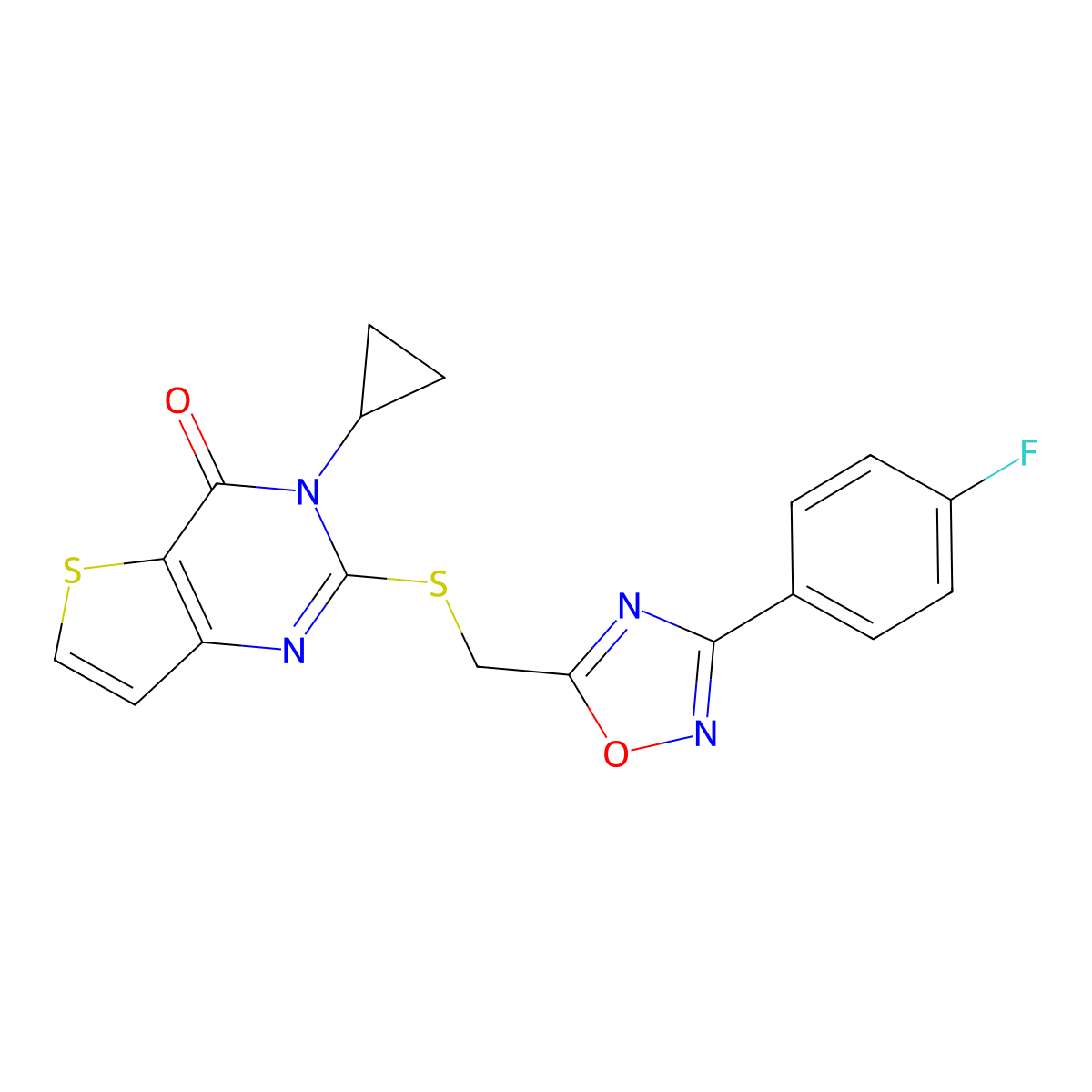 3-cyclopropyl-2-(((3-(4-fluorophenyl)-1,2,4-oxadiazol-5-yl)methyl)thio)thieno[3,2-d]pyrimidin-4(3H)-one molecular structure, CAS 1223808-26-1