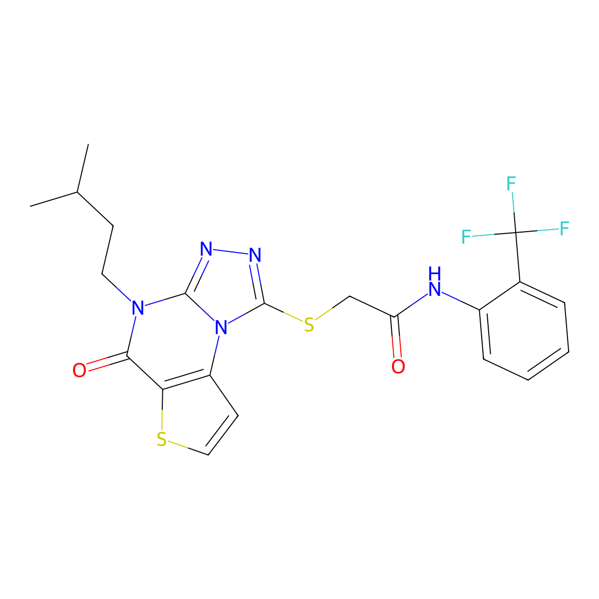 2-{[8-(3-methylbutyl)-7-oxo-5-thia-1,8,10,11-tetraazatricyclo[7.3.0.0^{2,6}]dodeca-2(6),3,9,11-tetraen-12-yl]sulfanyl}-N-[2-(trifluoromethyl)phenyl]acetamide molecular structure, CAS 1223810-20-5