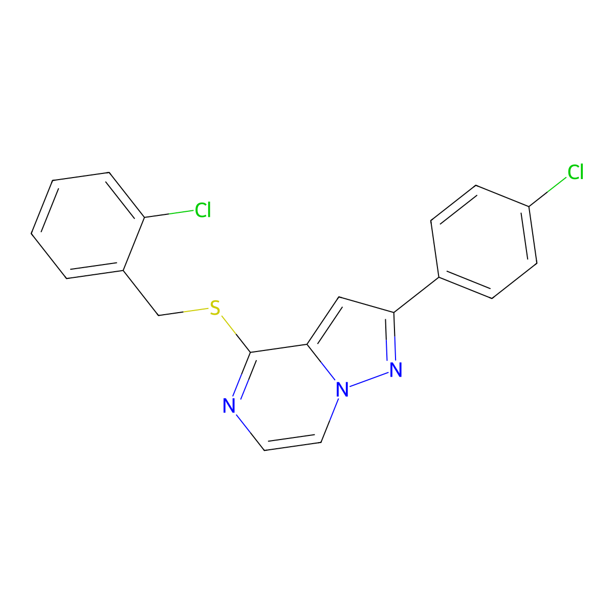 4-[(2-Chlorobenzyl)thio]-2-(4-chlorophenyl)pyrazolo[1,5-a]pyrazine molecular structure, CAS 1223810-36-3