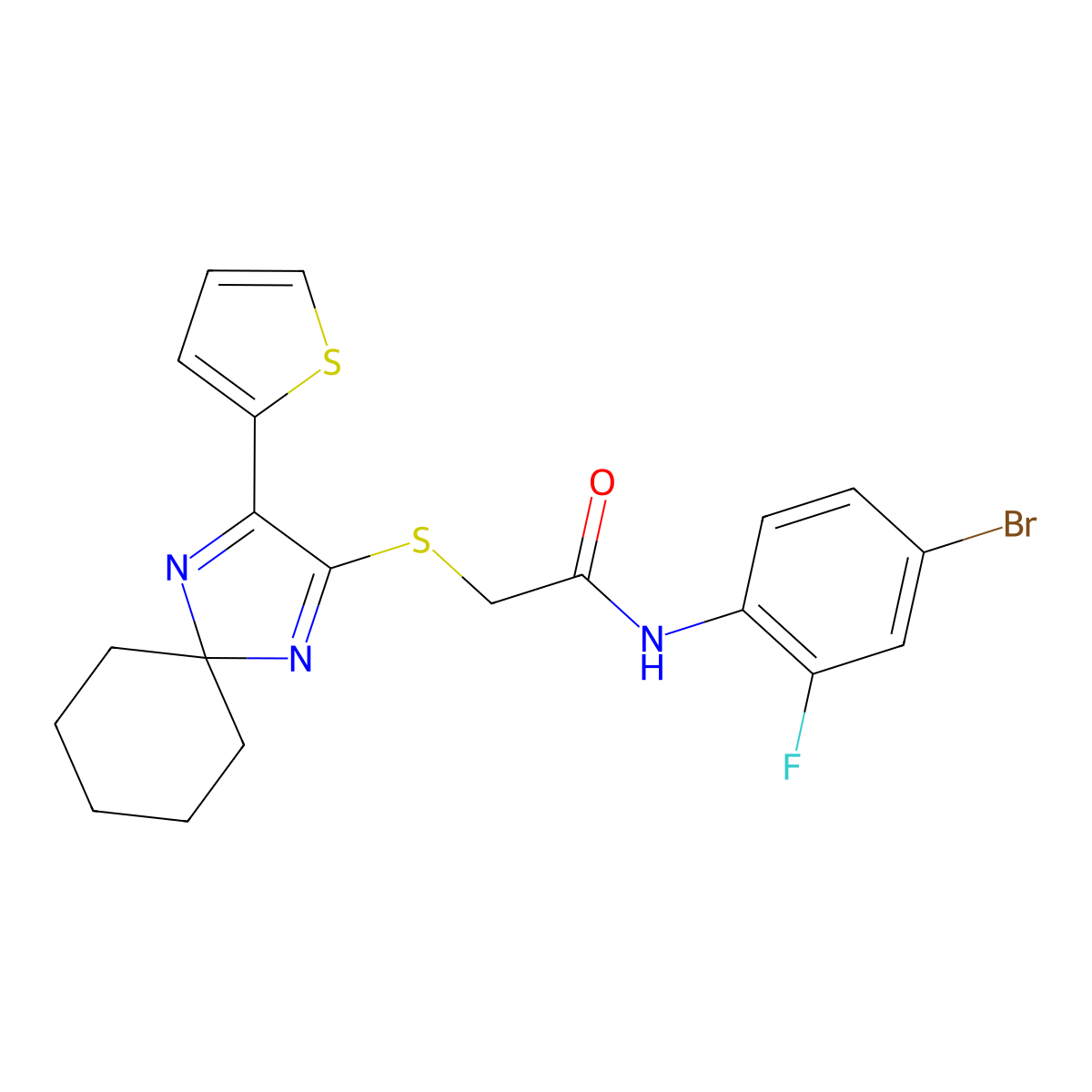 N-(4-bromo-2-fluorophenyl)-2-((3-(thiophen-2-yl)-1,4-diazaspiro[4.5]deca-1,3-dien-2-yl)thio)acetamide molecular structure, CAS 1223811-55-9