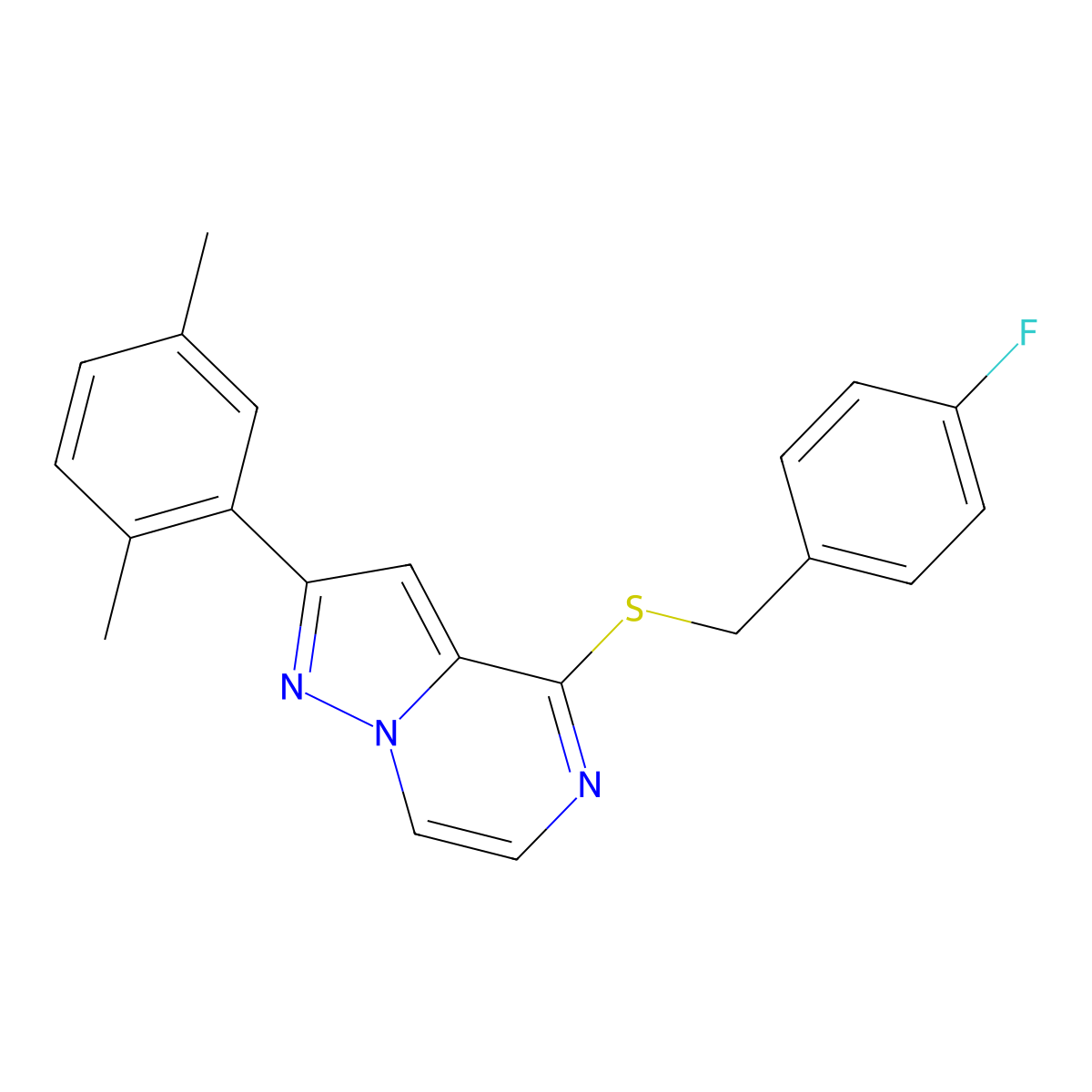 2-(2,5-Dimethylphenyl)-4-[(4-fluorobenzyl)thio]pyrazolo[1,5-a]pyrazine molecular structure, CAS 1223812-71-2