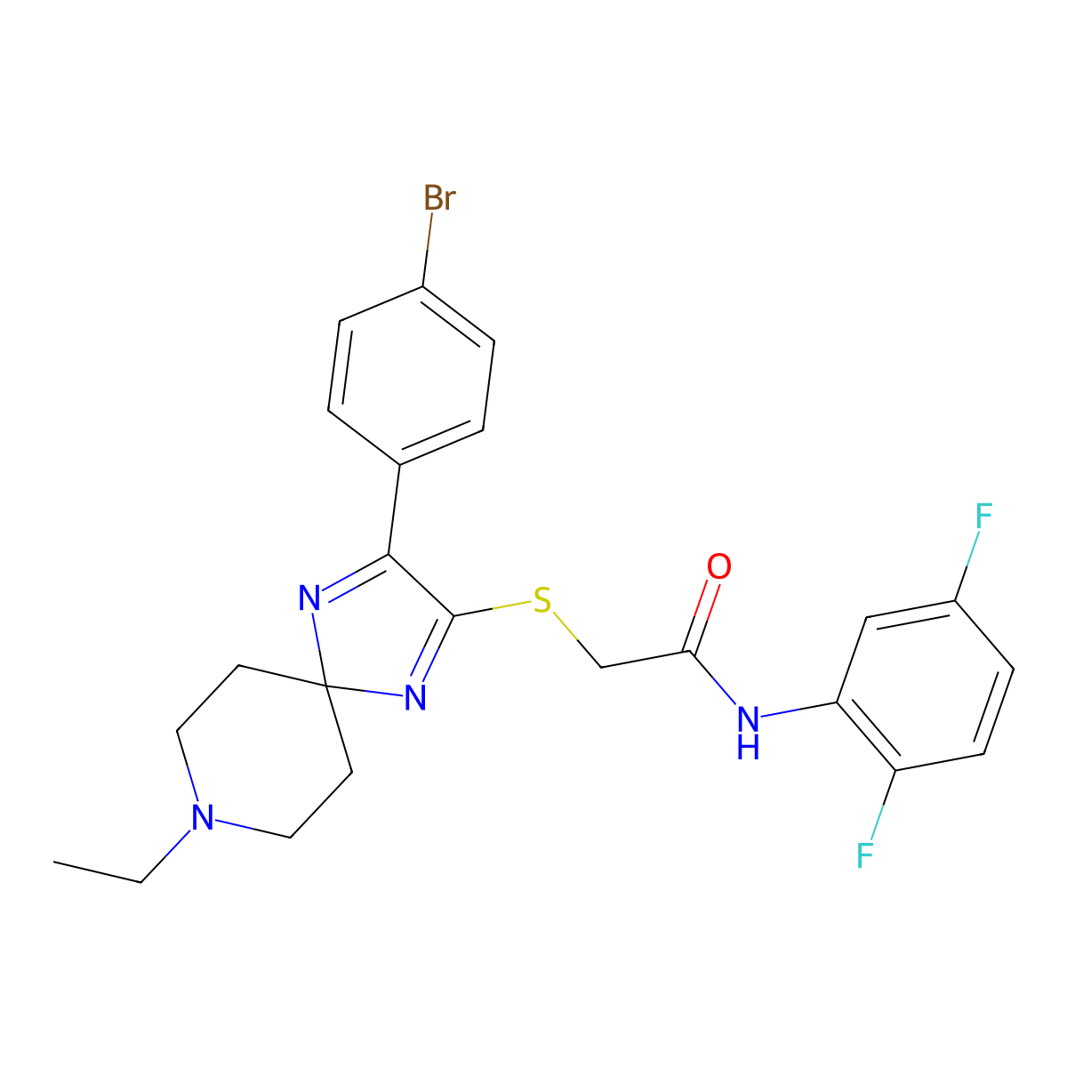 2-((3-(4-bromophenyl)-8-ethyl-1,4,8-triazaspiro[4.5]deca-1,3-dien-2-yl)thio)-N-(2,5-difluorophenyl)acetamide molecular structure, CAS 1223813-67-9